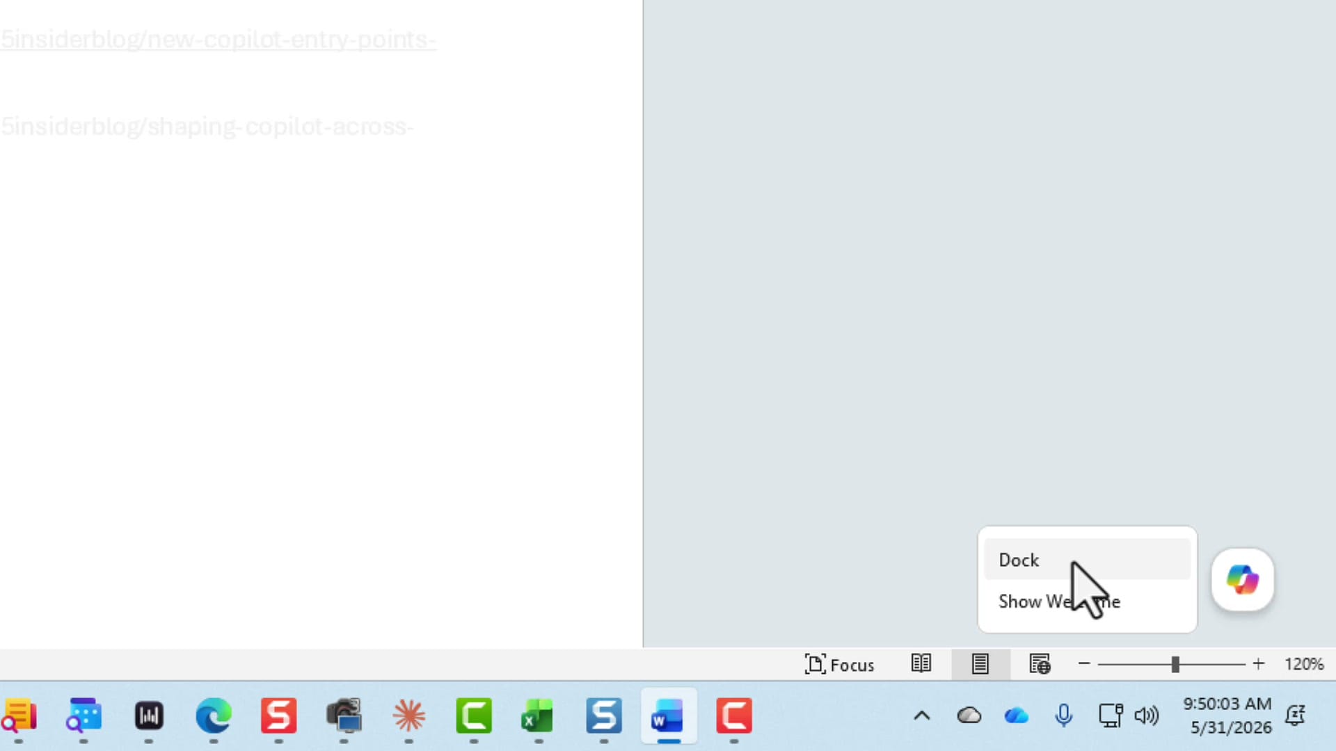 Right-click menu on the Copilot button showing Dock and Show Welcome options