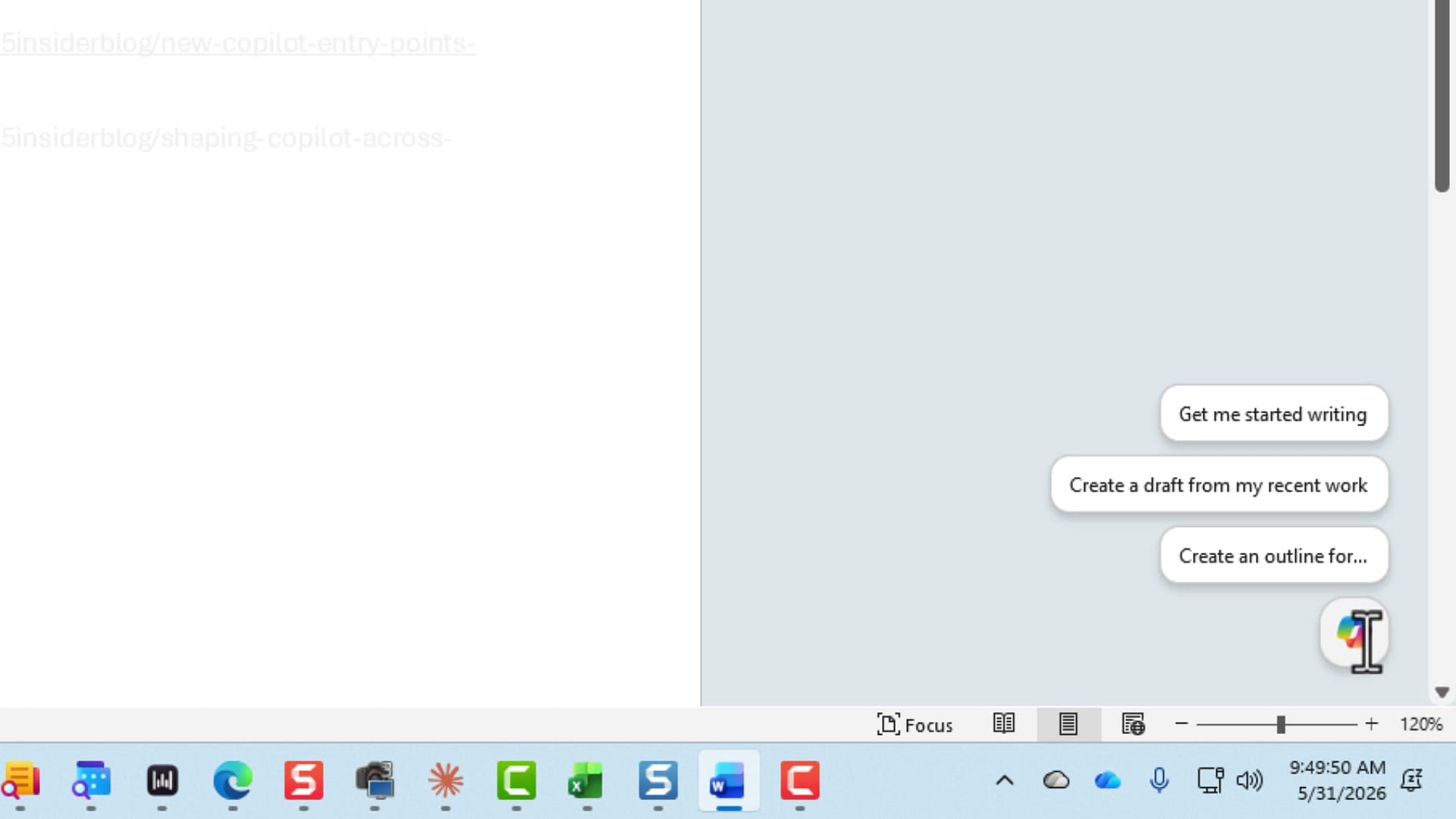 Three smart suggestions shown when hovering over the Copilot button in Word