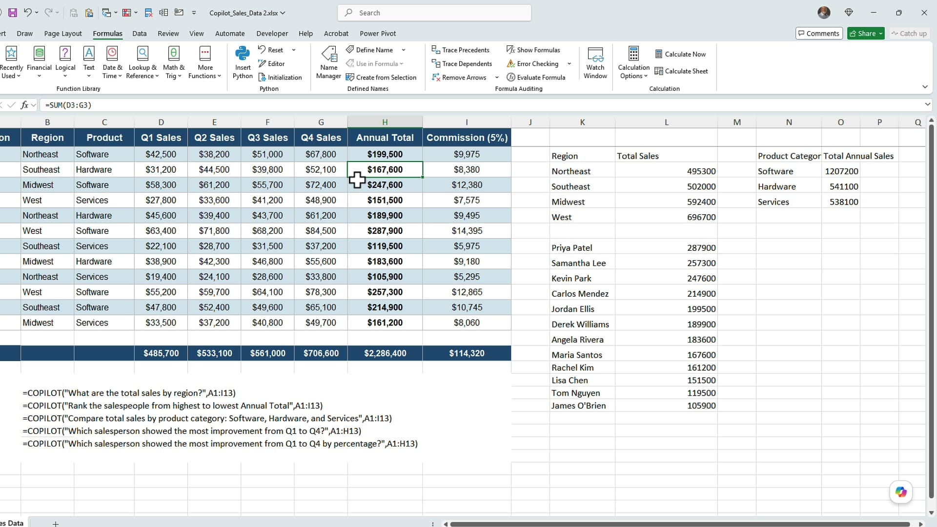 Excel COPILOT function comparing total sales across Software, Hardware, and Services categories