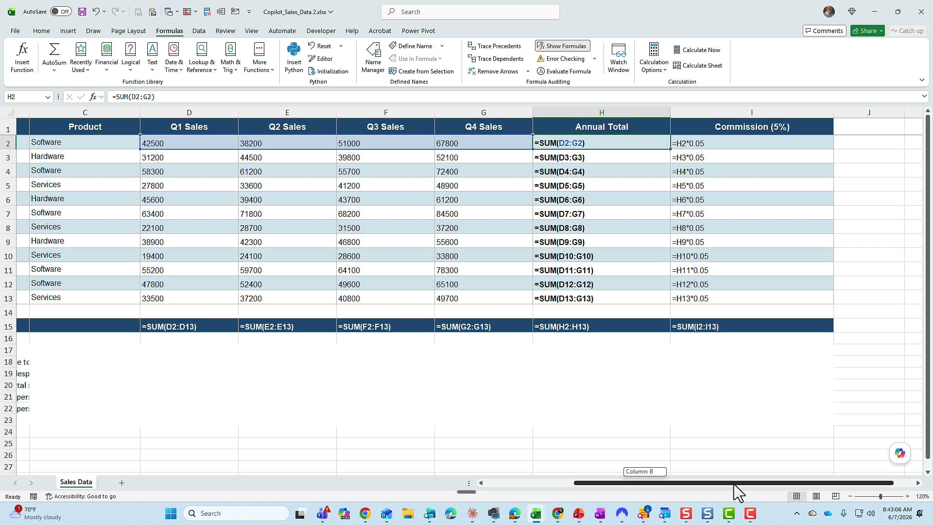 Excel Show Formulas turned on, revealing SUM and percentage formulas in the sample data