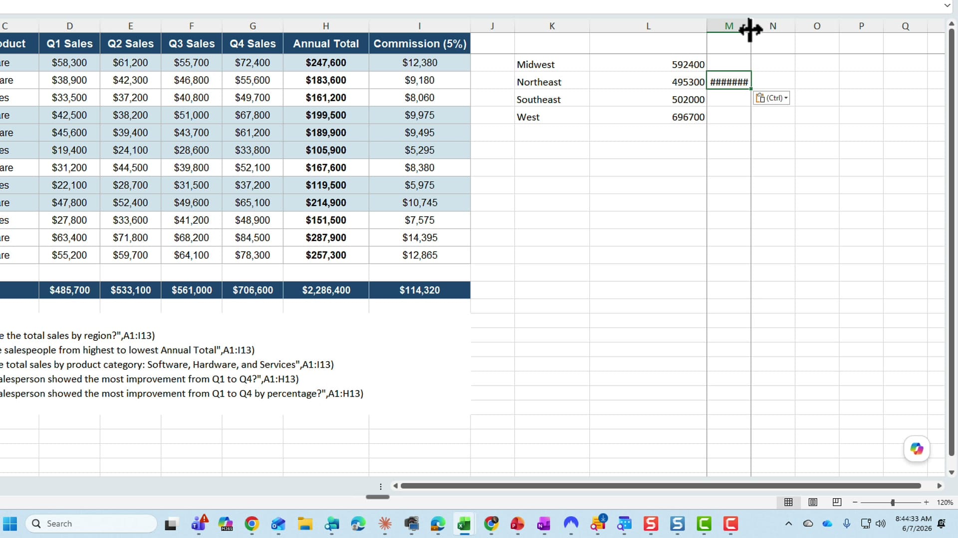 Verifying the COPILOT result by selecting Northeast cells and reading the Sum in the Excel status bar