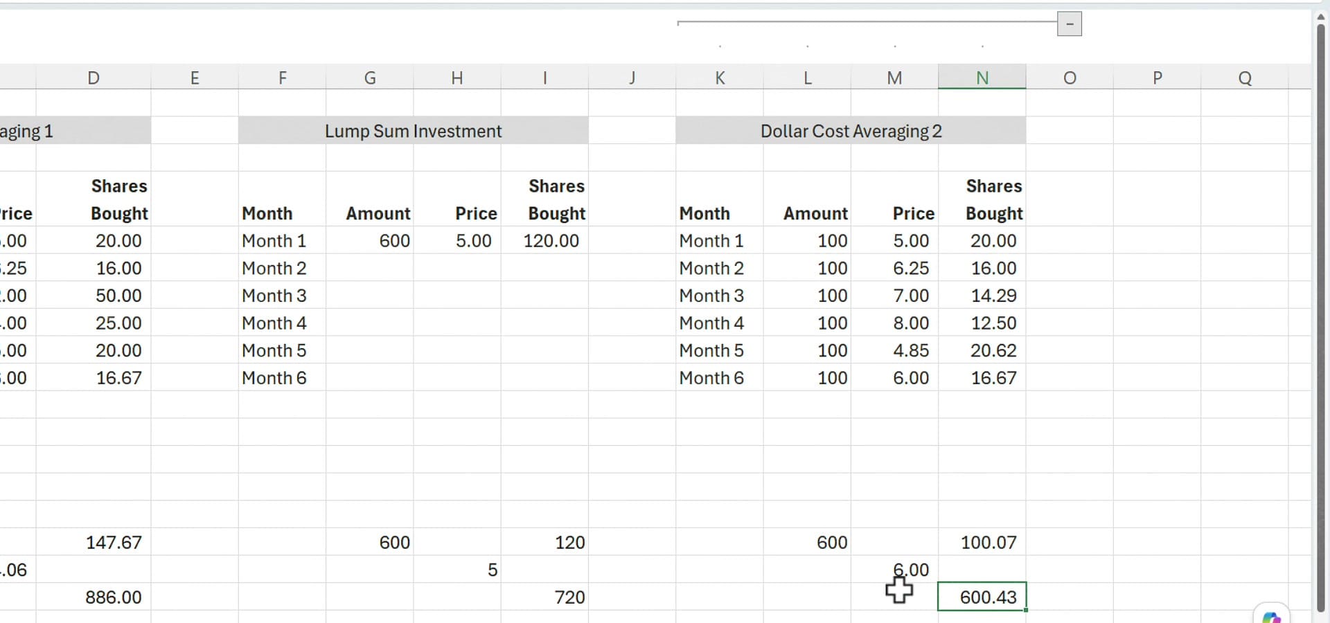 Excel showing a second DCA example where higher prices leave it behind the lump sum