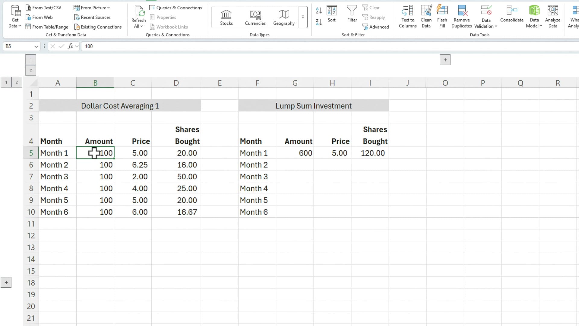 Excel showing dollar cost averaging and lump sum share purchases side by side