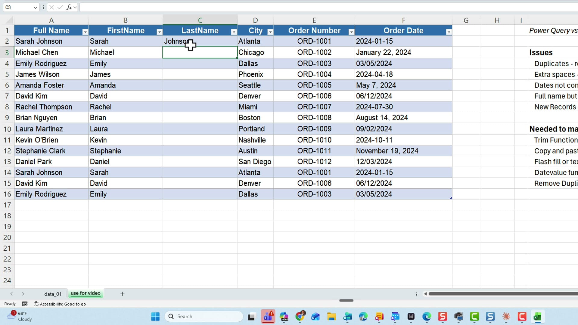 First name and last name columns split out in Excel