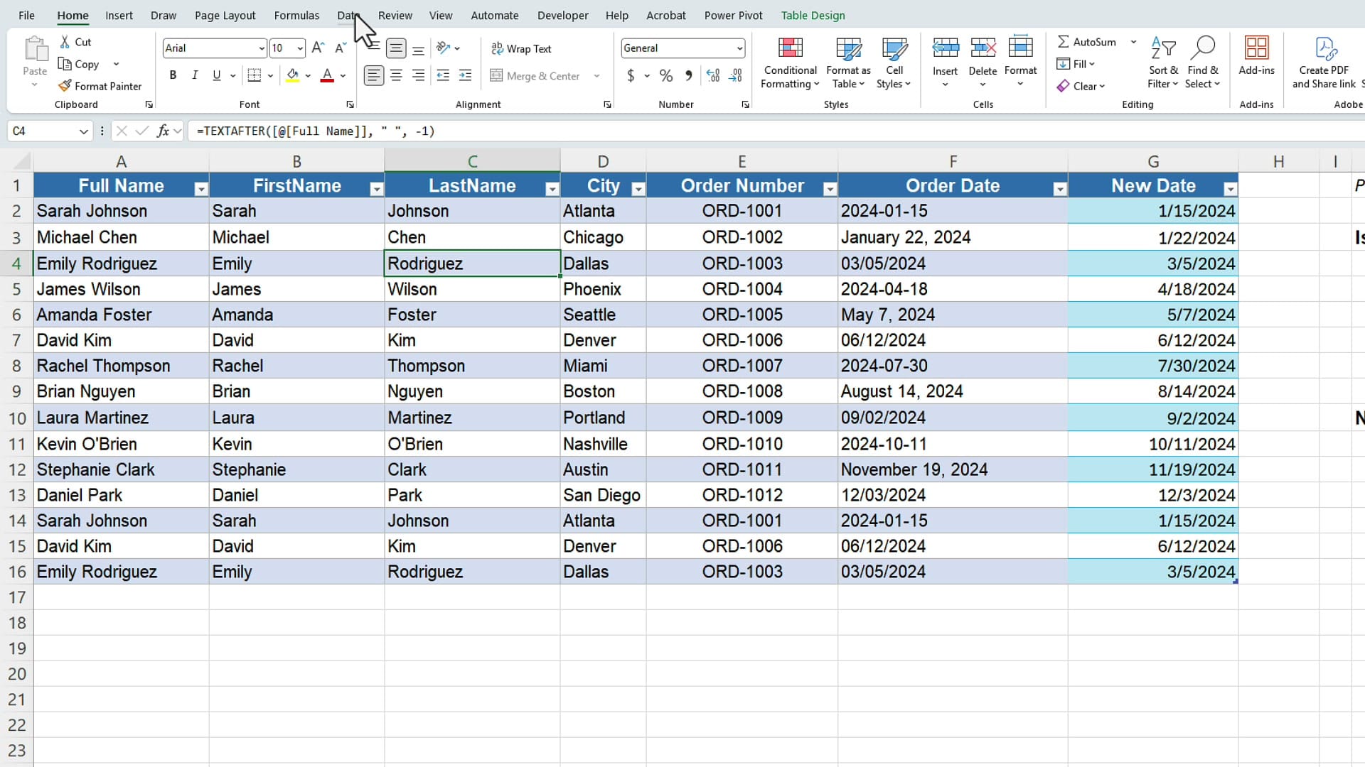 Excel data fully cleaned manually with first name, last name, and corrected dates