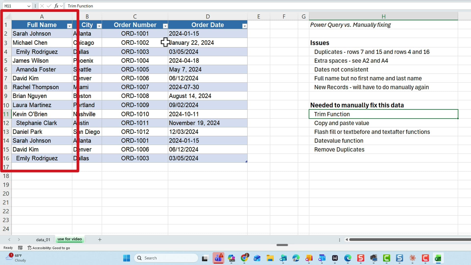 Excel worksheet with messy data and a list of issues to fix