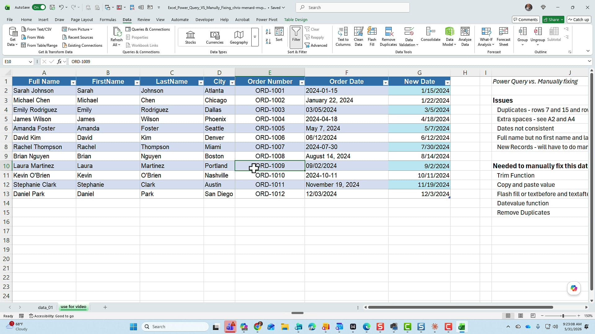 Data tab in Excel showing the From Table/Range button in Get and Transform Data