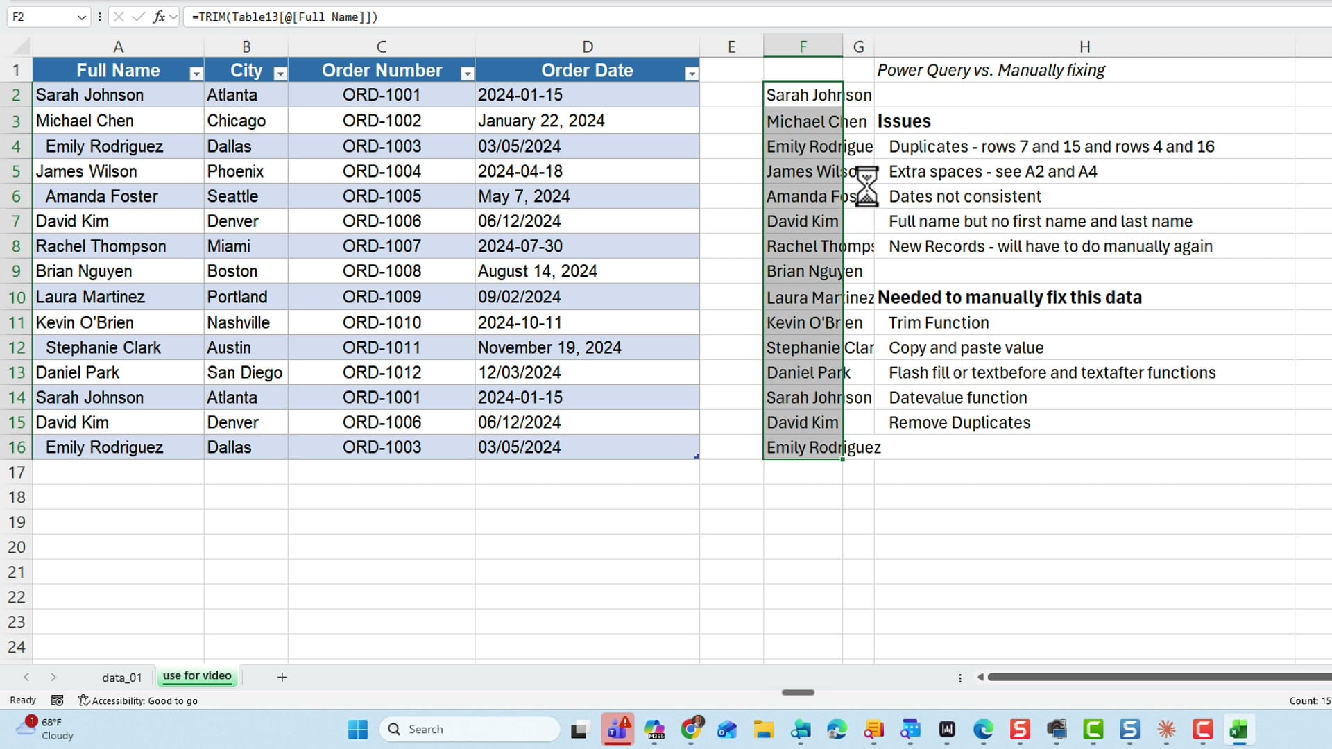 TRIM function applied to a column of names in Excel