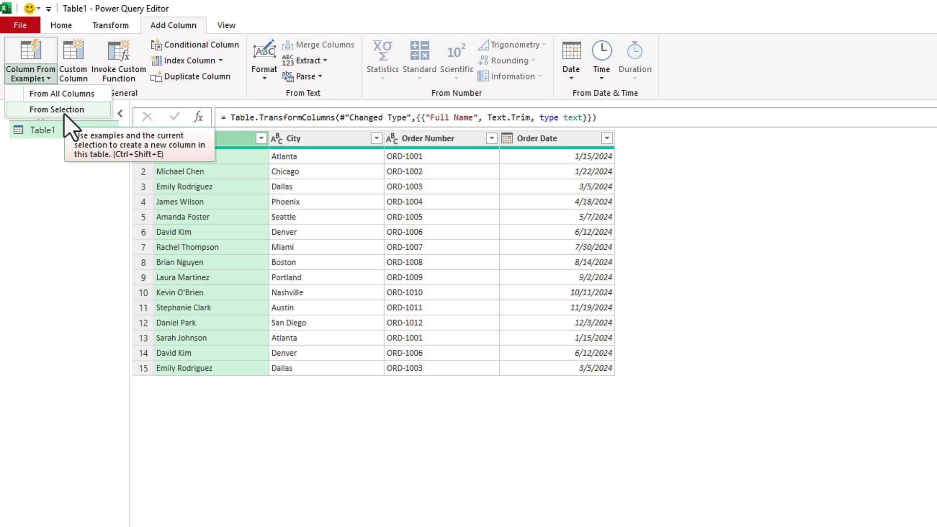 Power Query Add Column tab with Column From Examples From Selection option