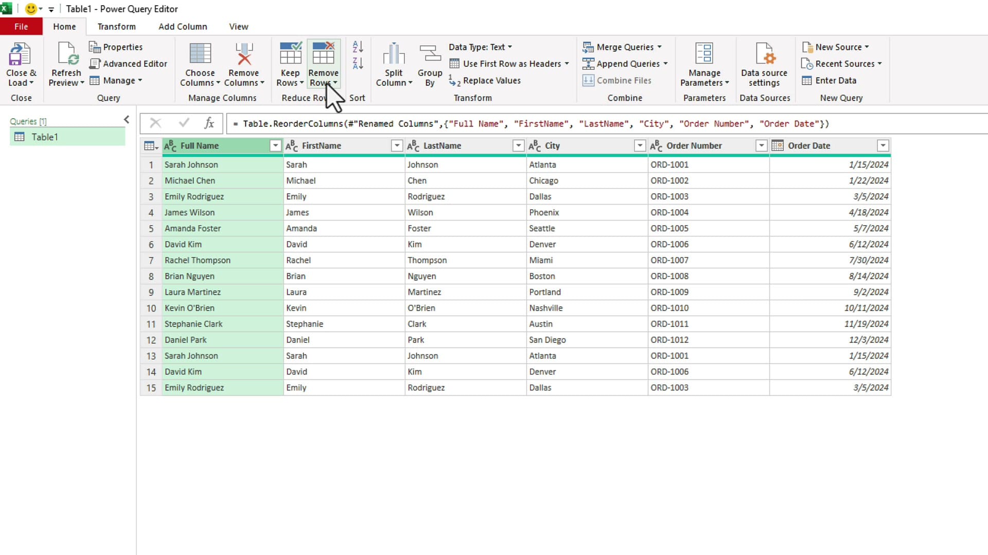 Power Query Home tab showing Remove Rows and Remove Duplicates