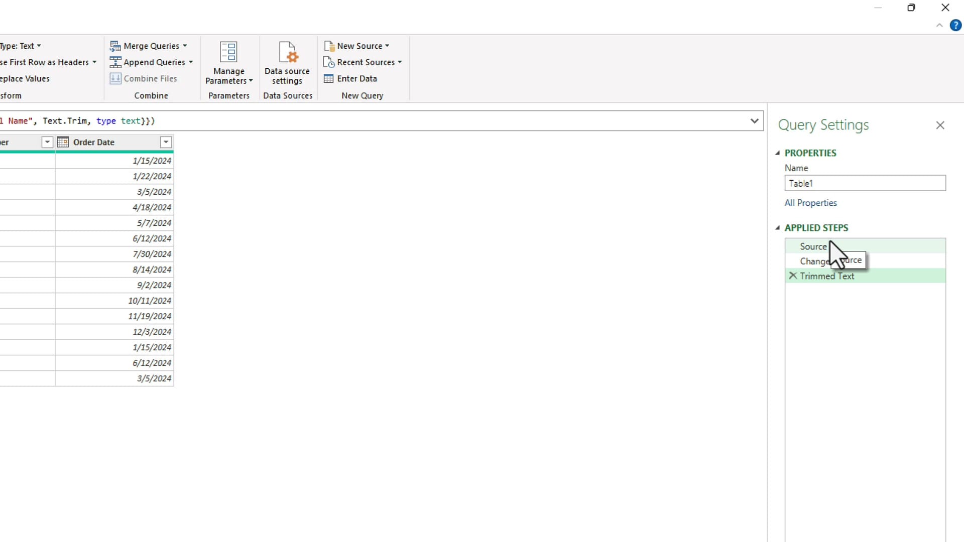 Power Query Editor Applied Steps showing Trimmed Text and Changed Type