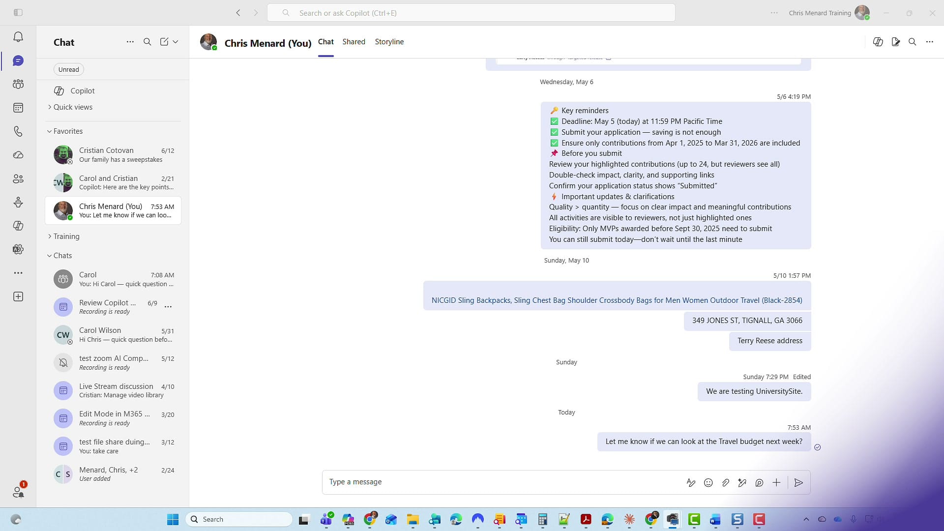 Microsoft Teams chat list showing Favorites, Training, and Chats sections