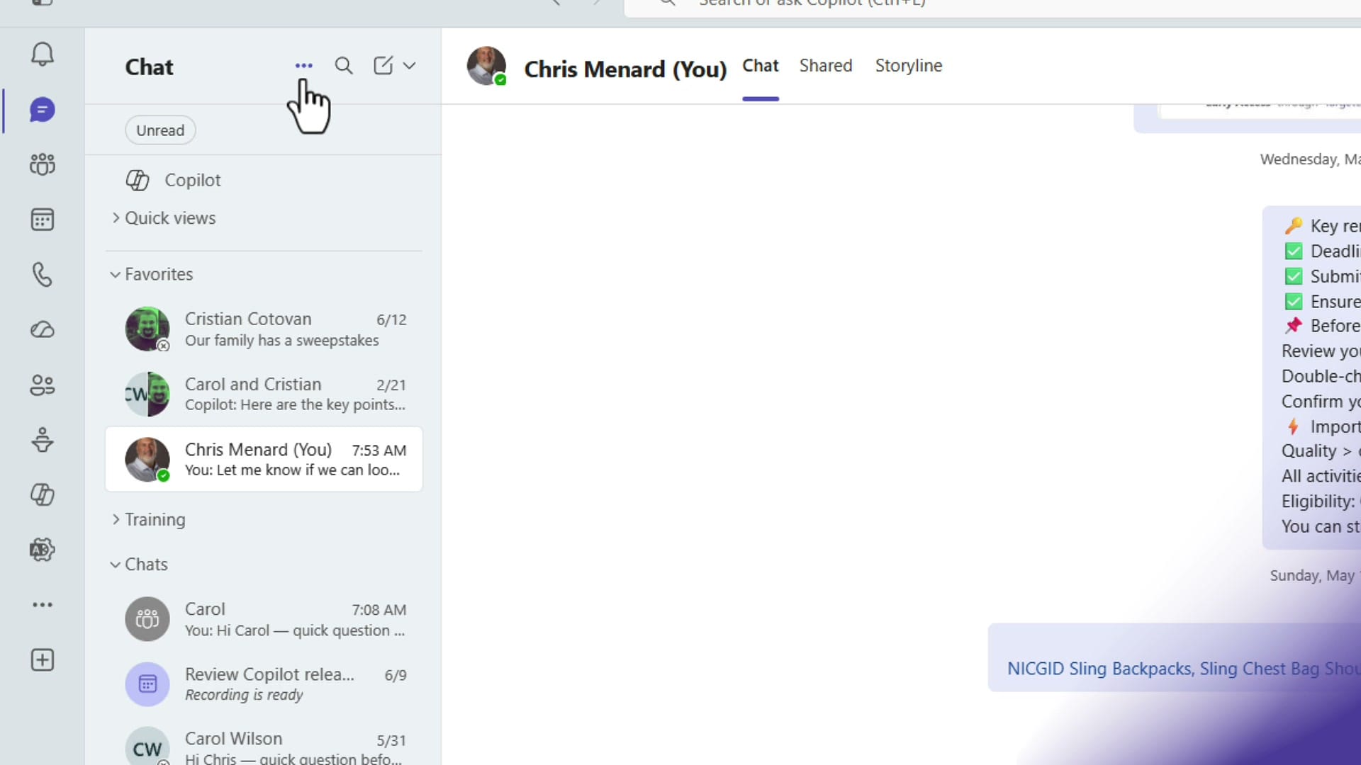 More options three-dot menu at the top of the Teams chat list