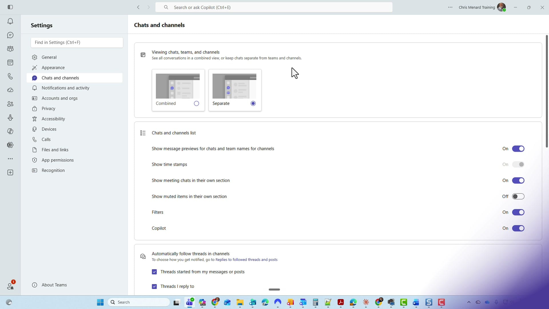 Teams Settings open on the Chats and channels page