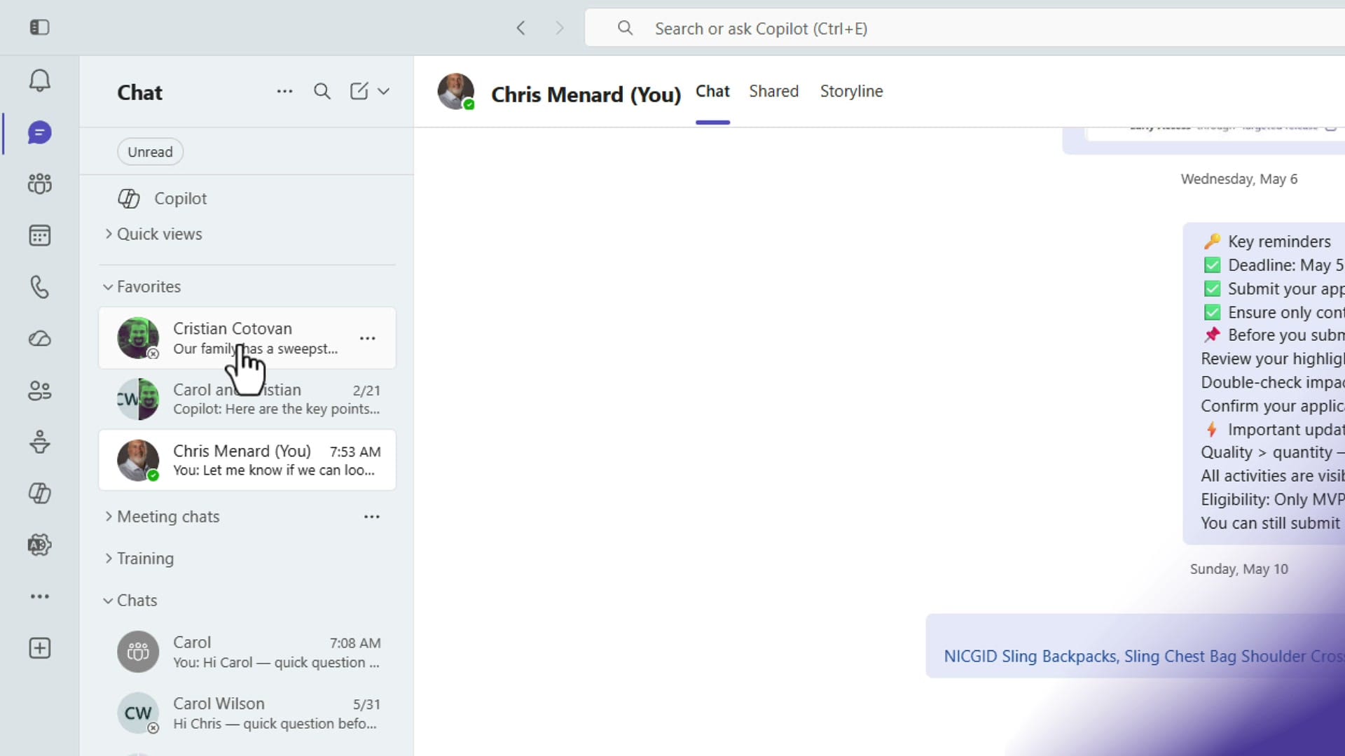 Meeting chats section dragged between Favorites and Training in Teams