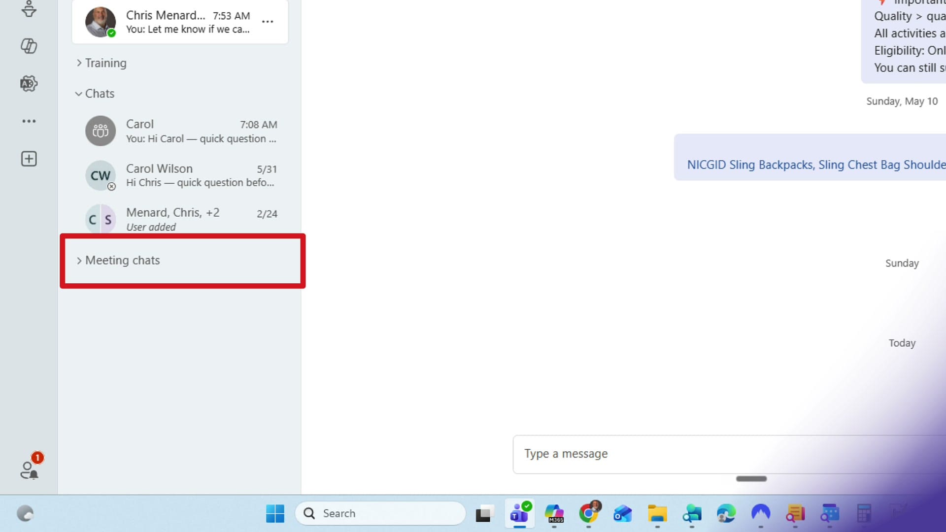 New Meeting chats section at the bottom of the Teams chat list