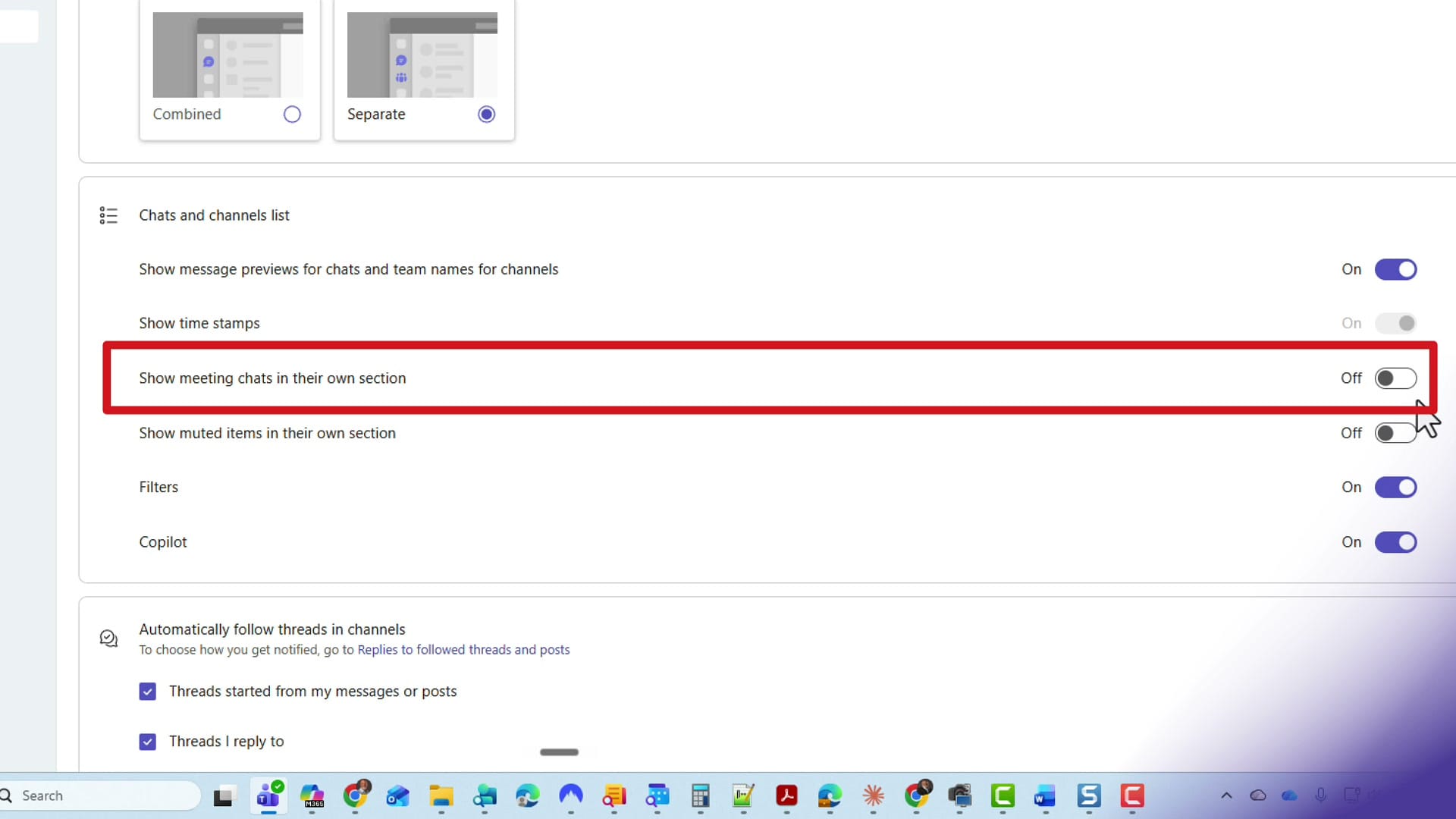 Show meeting chats in their own section toggle in Teams settings