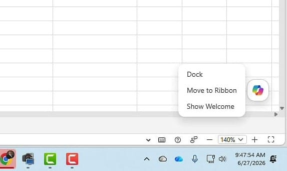 The Copilot icon location in the bottom-right corner of Excel