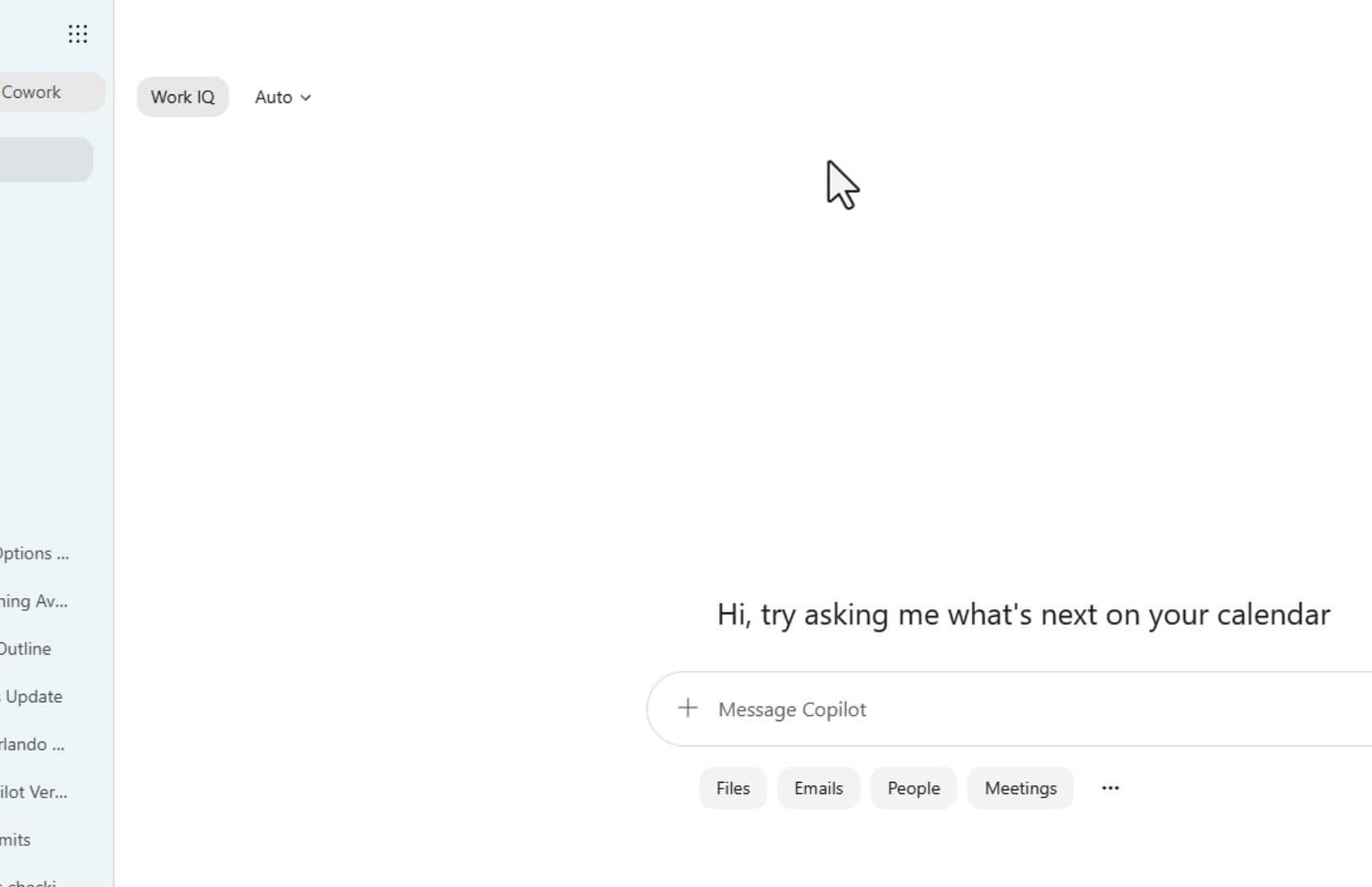 Microsoft Copilot Chat new interface with the Work IQ label and Auto model picker in the top left