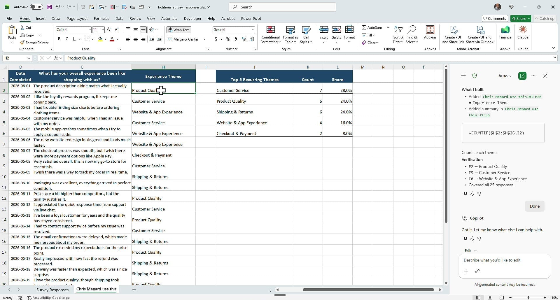 The finished Experience Theme column with a top-five summary and percentages
