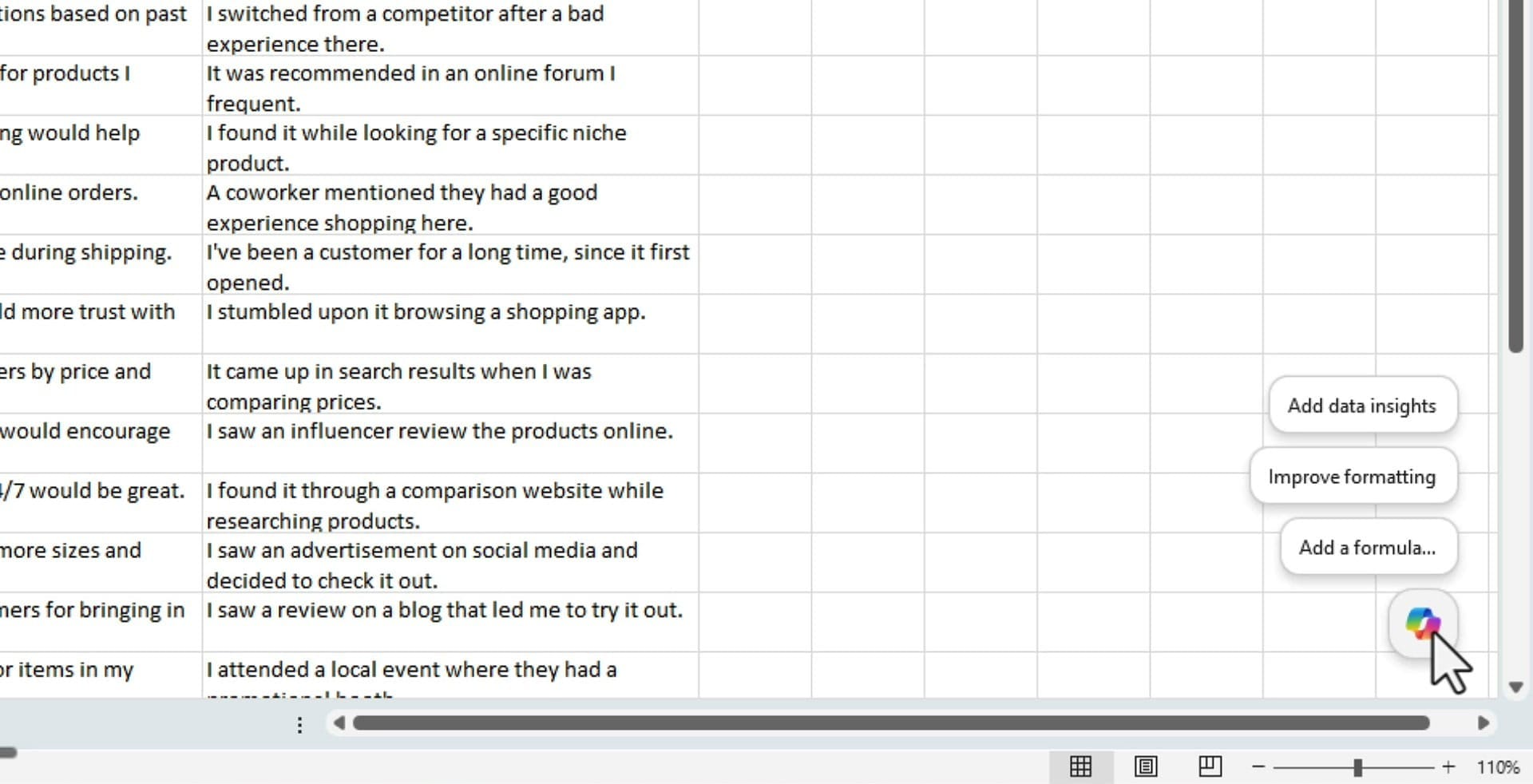 The Copilot icon in Excel with quick-action options