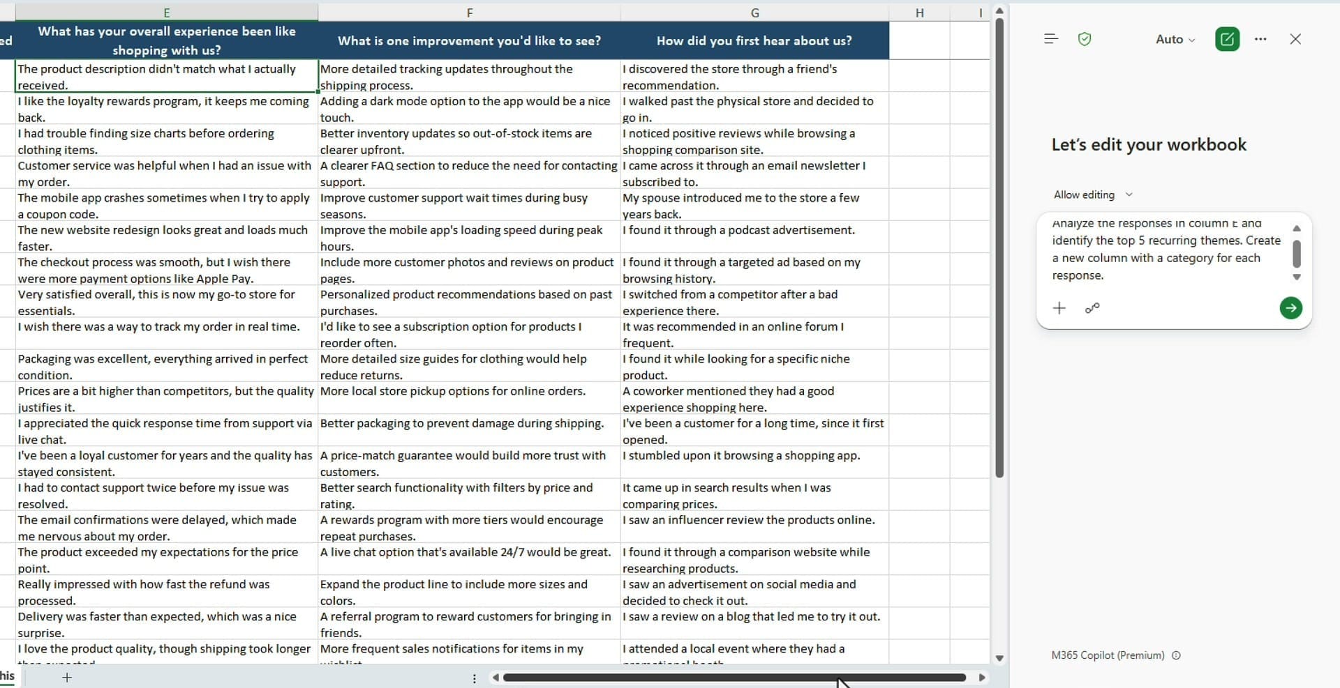 The summarize prompt typed into the Excel Copilot pane