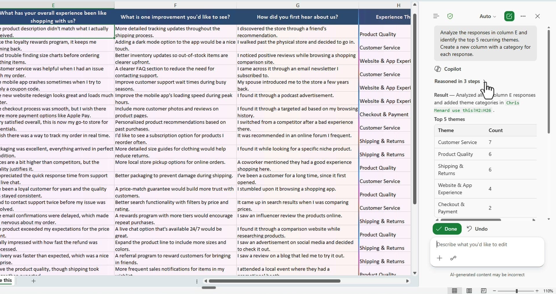Copilot reasoning through the responses and listing the top five themes