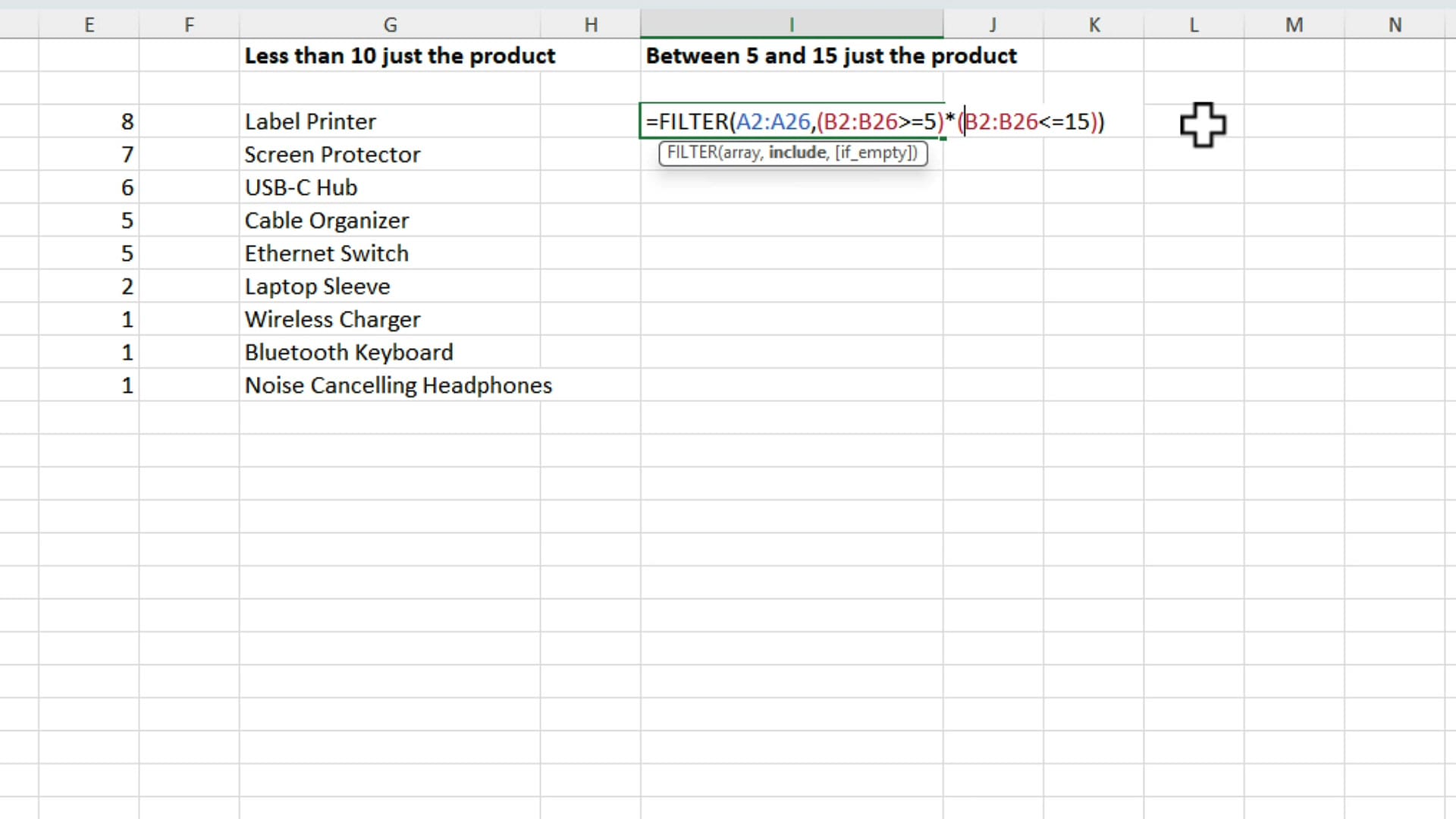 FILTER formula with two conditions multiplied together to create a between filter in Excel