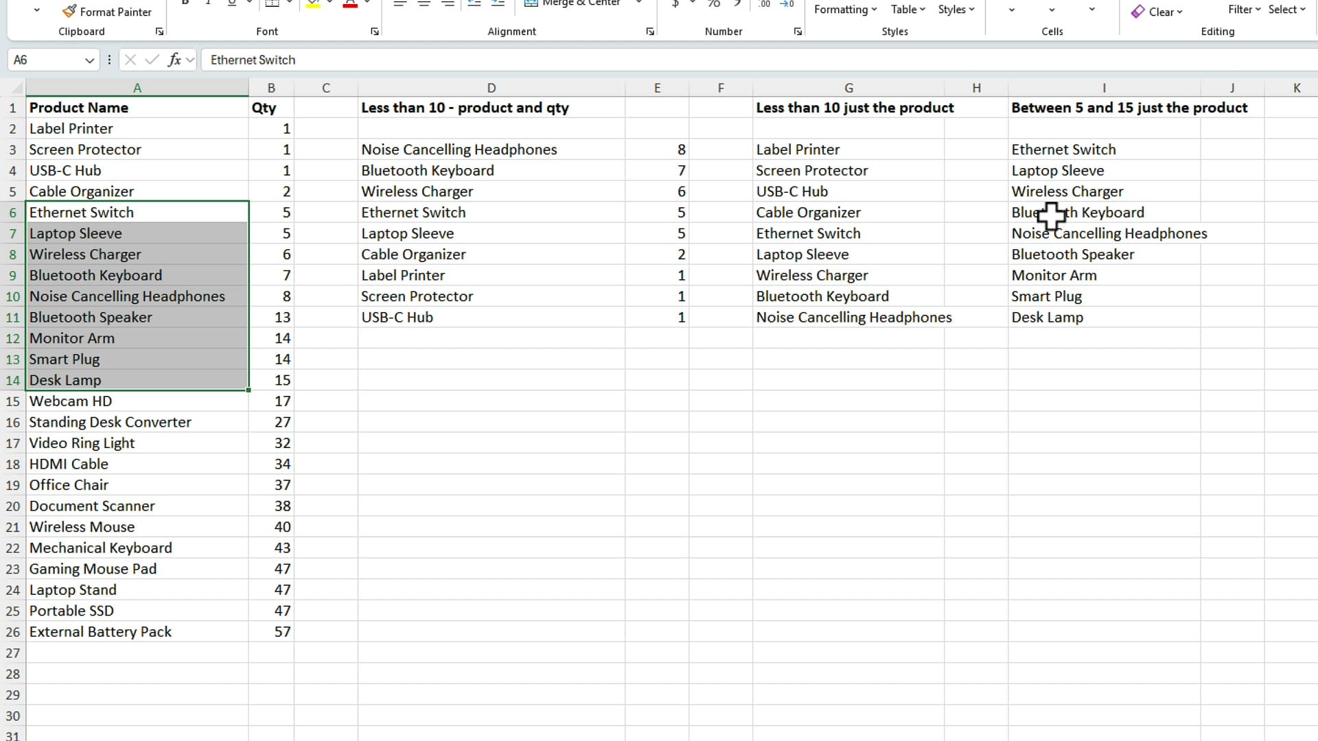 All three FILTER examples complete, with the between filter returning nine products matching quantities from 5 to 15
