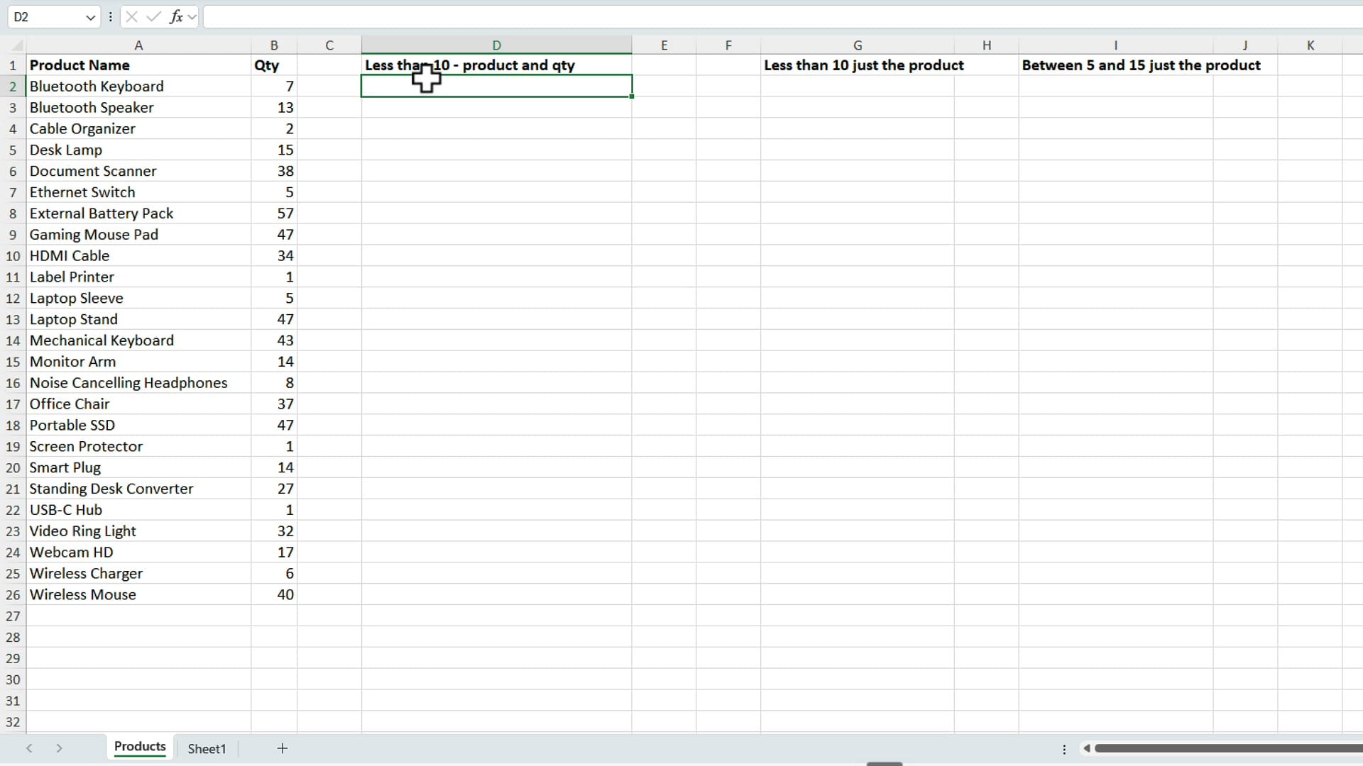 Excel worksheet with product names in column A, quantities in column B, and headers for three FILTER examples