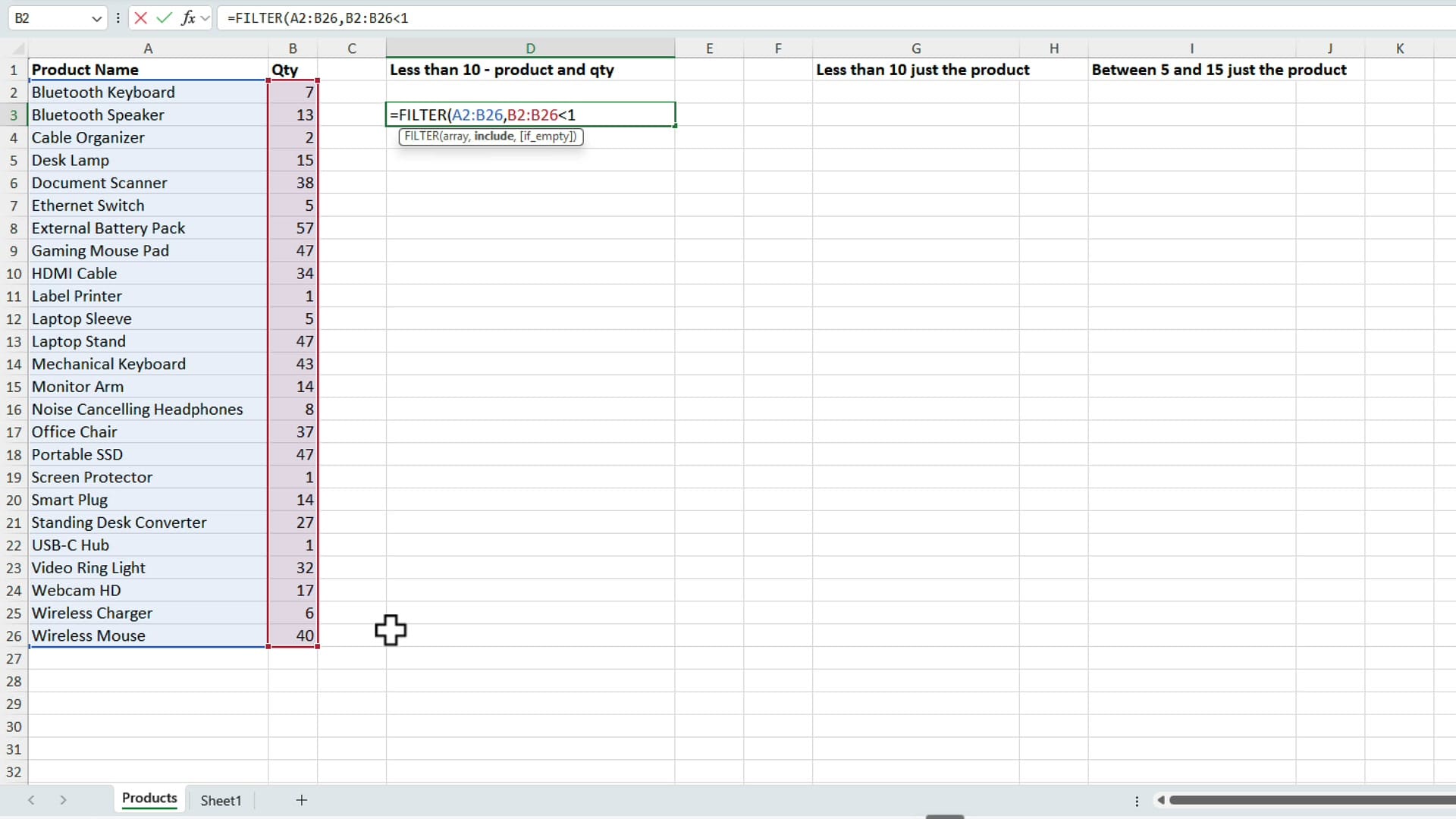 Typing the FILTER function in Excel with the tooltip showing the array, include, and if_empty arguments