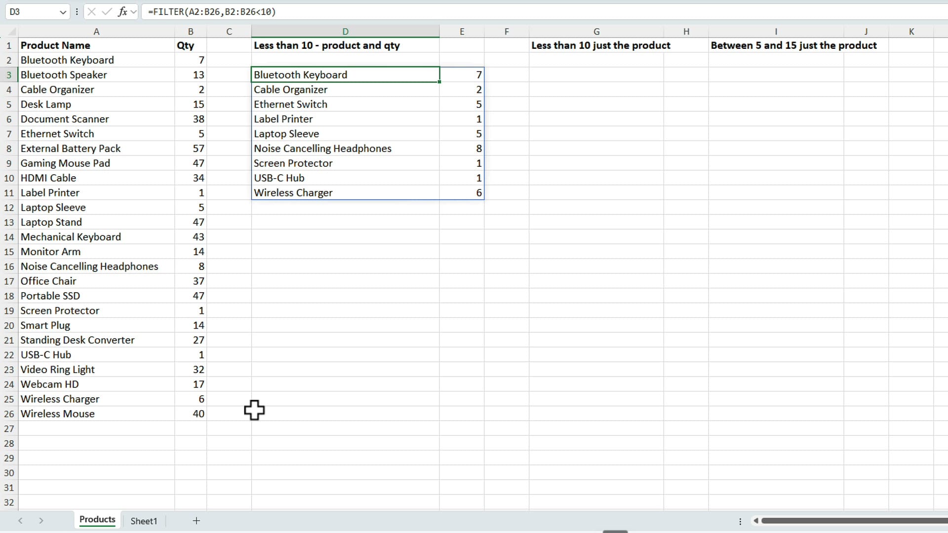 FILTER function results showing nine products with quantities under ten in two spilled columns