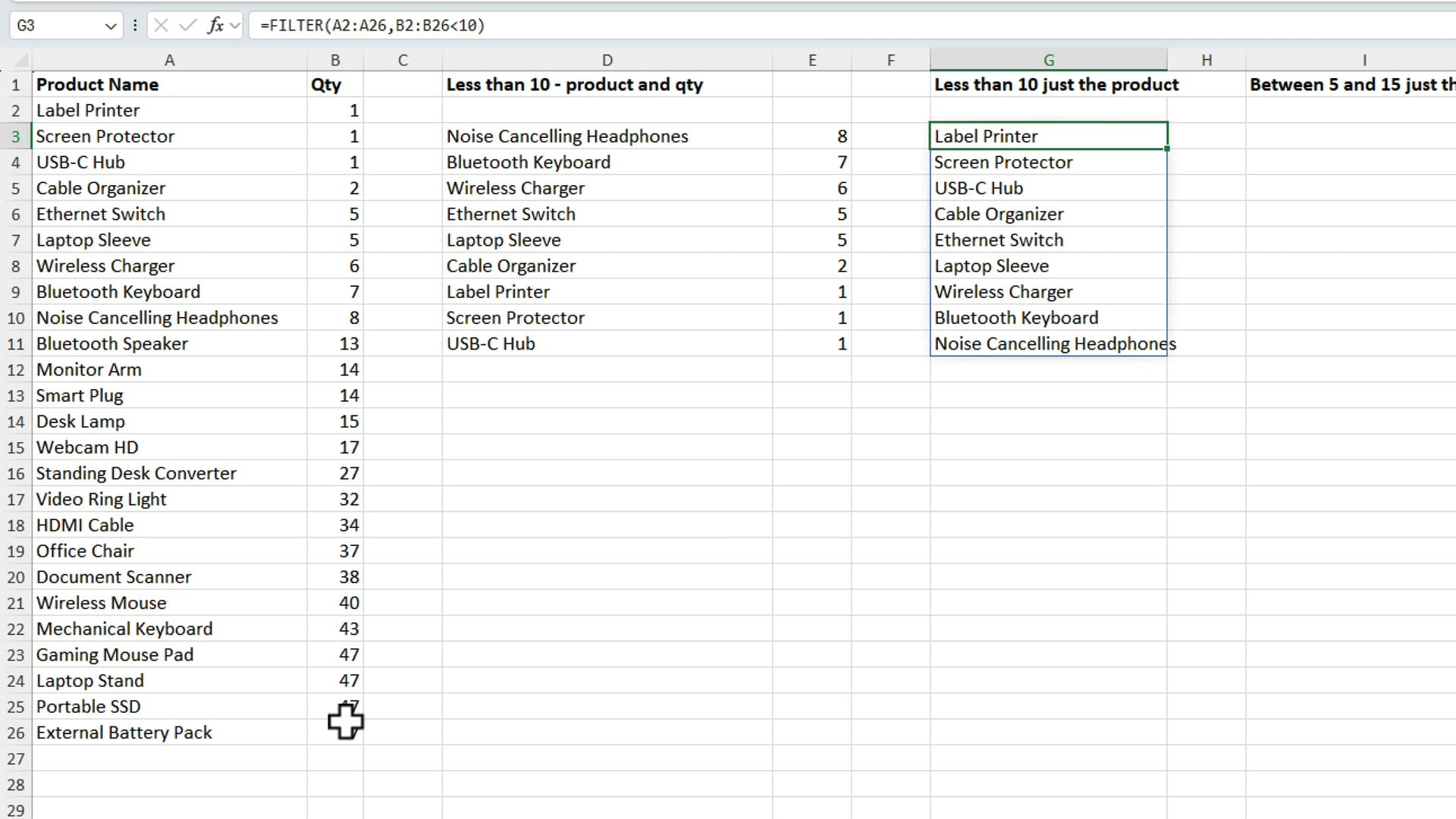 FILTER returning a single column of product names filtered by quantities in a different column