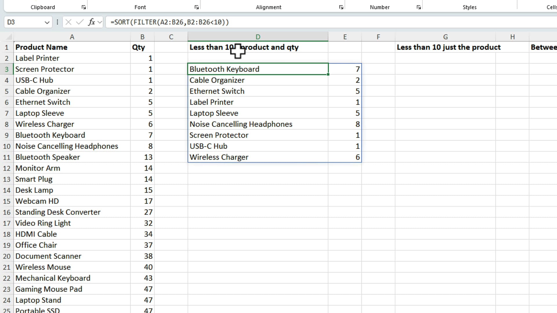 SORT wrapped around FILTER in Excel sorting the filtered results by product name