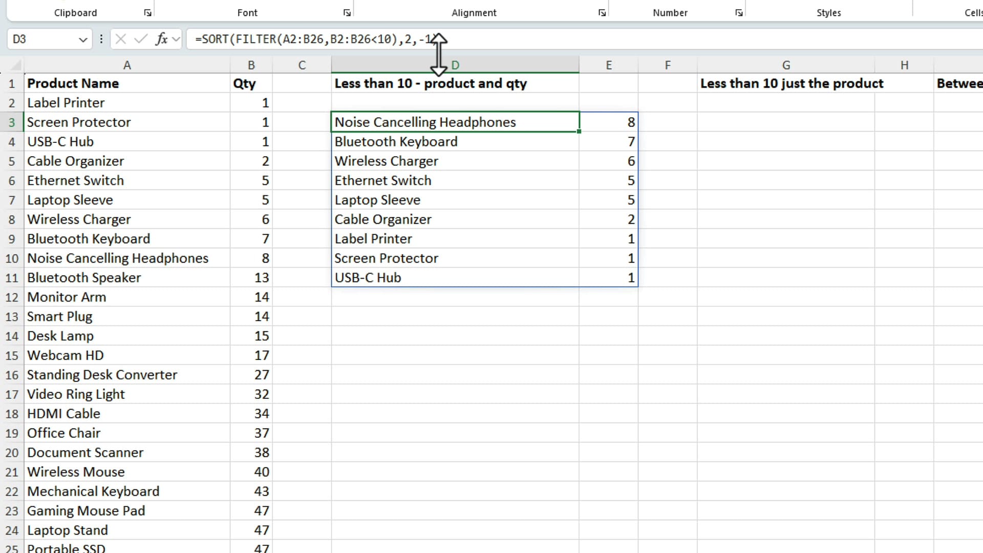 SORT and FILTER combined with a sort index of 2 and -1 for descending order by quantity