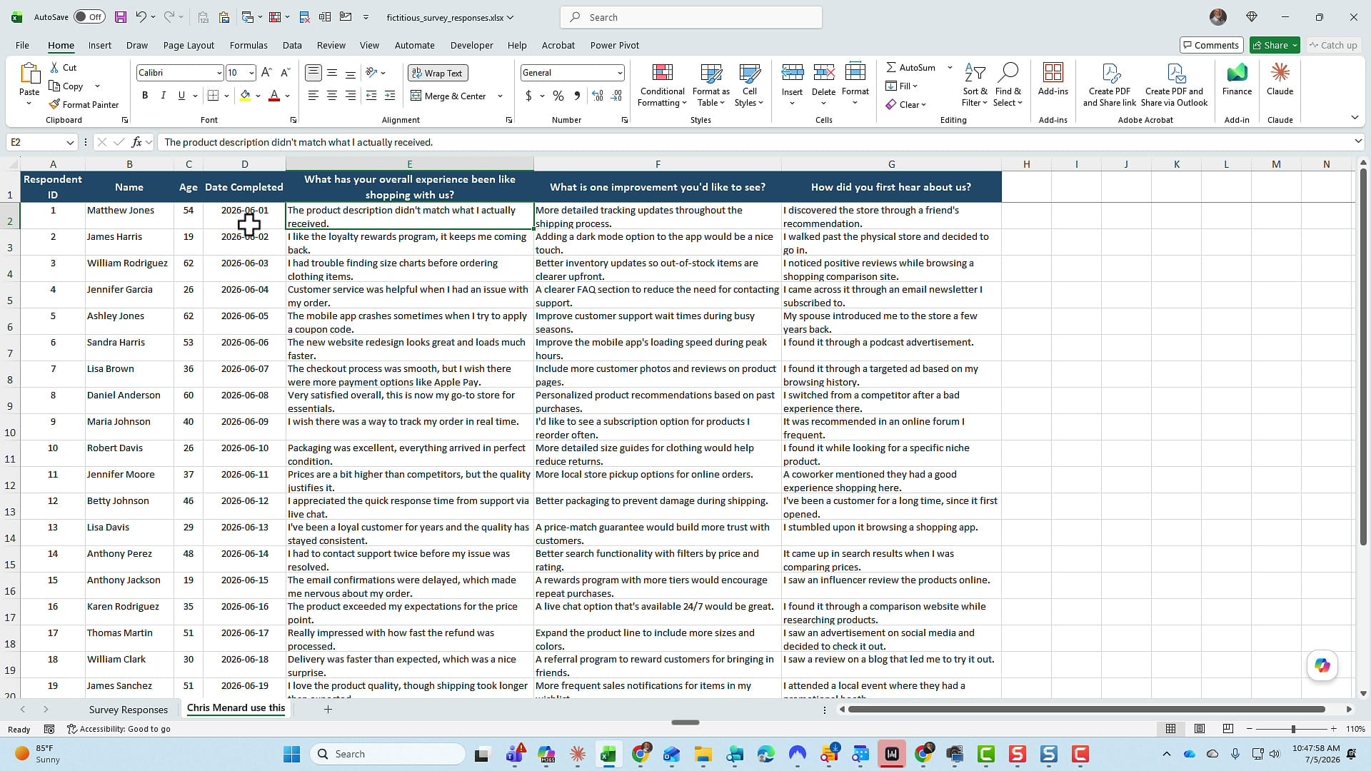 Excel worksheet with 25 free-text survey responses in column E