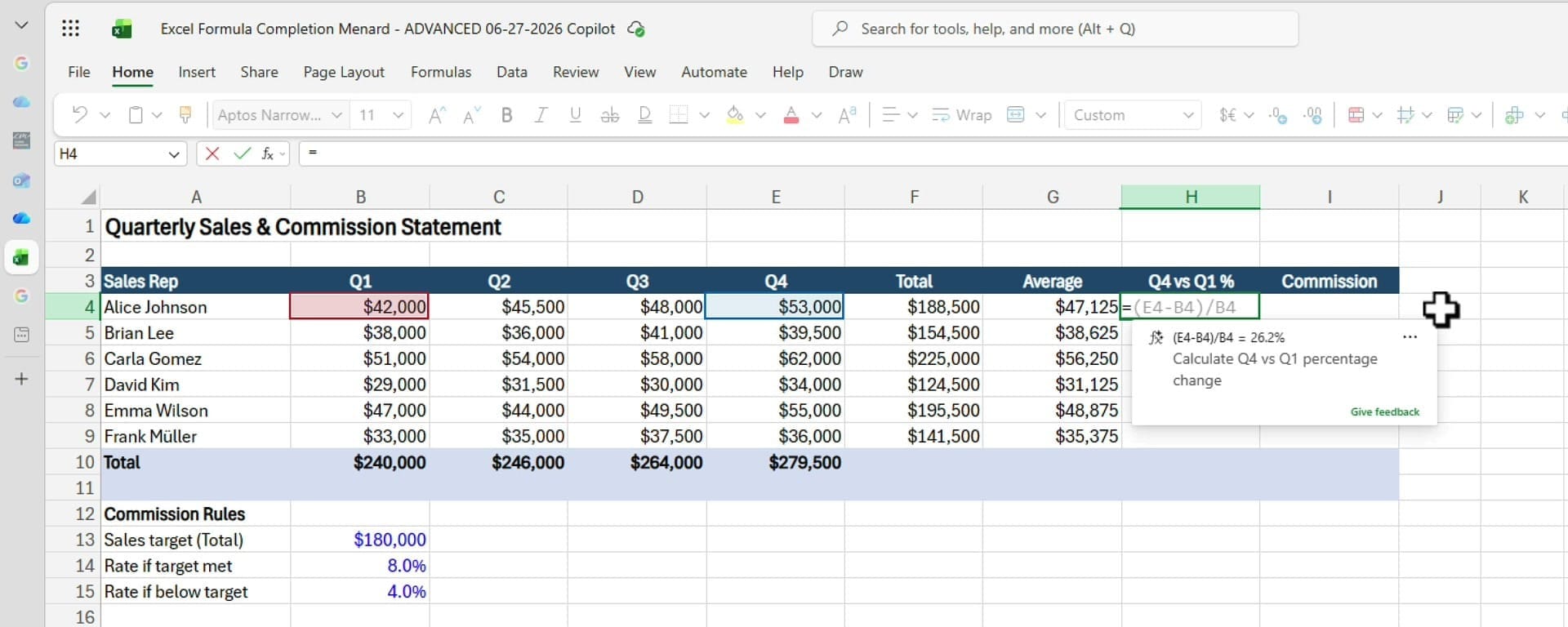 Formula Completion writing (E4-B4)/B4 for the percentage difference column