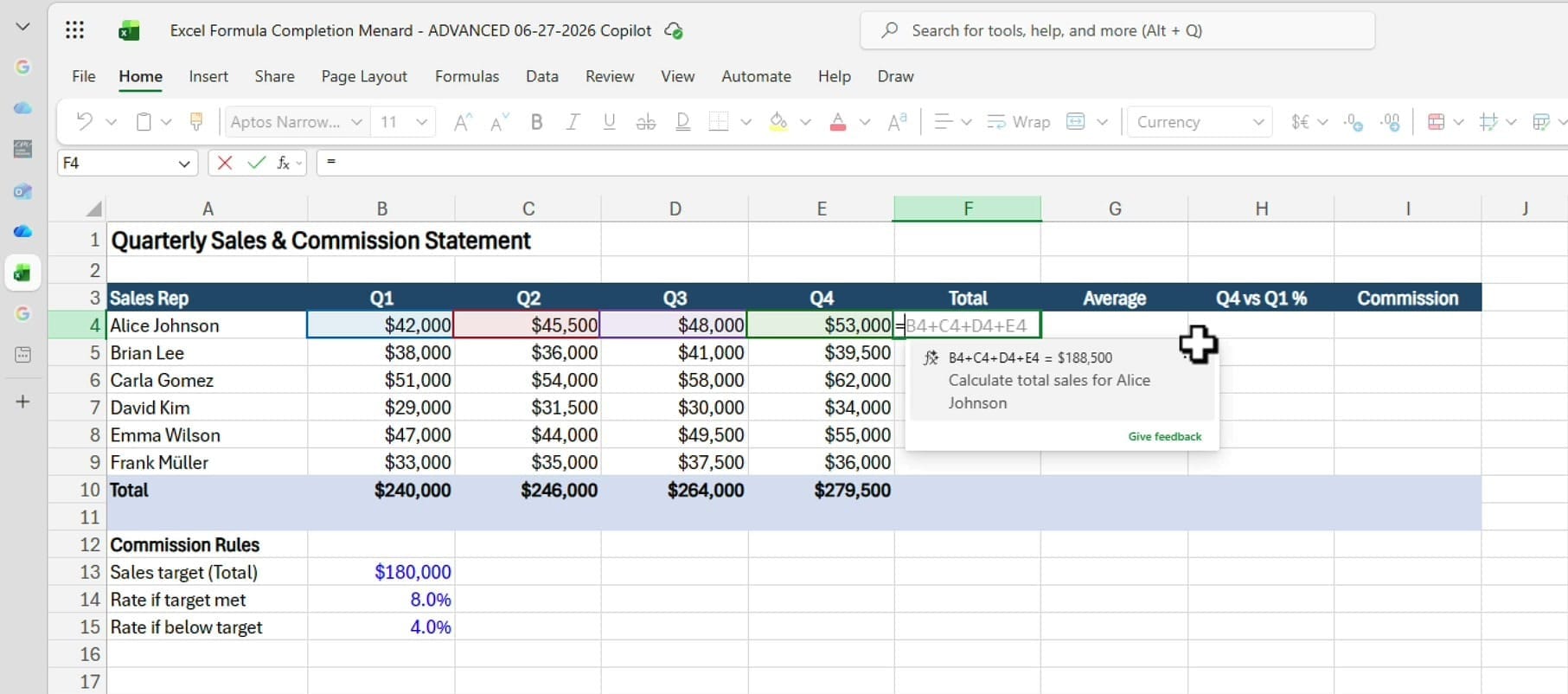 Excel Formula Completion suggesting B4+C4+D4+E4 for the Total column