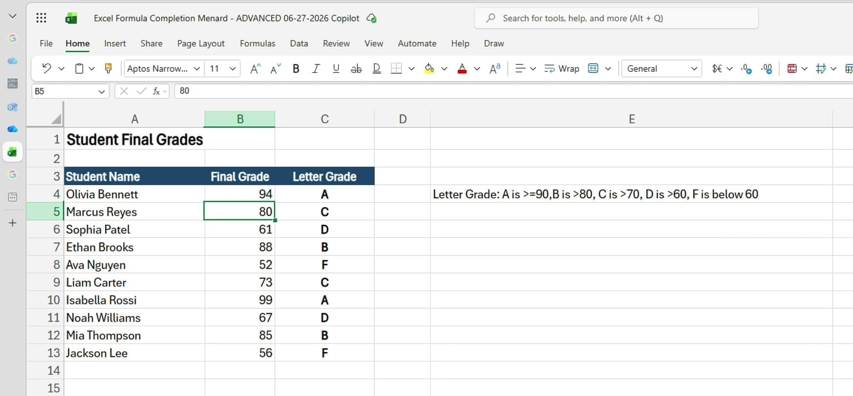 Testing the grade formula at boundary scores like 80 and 81 in Excel