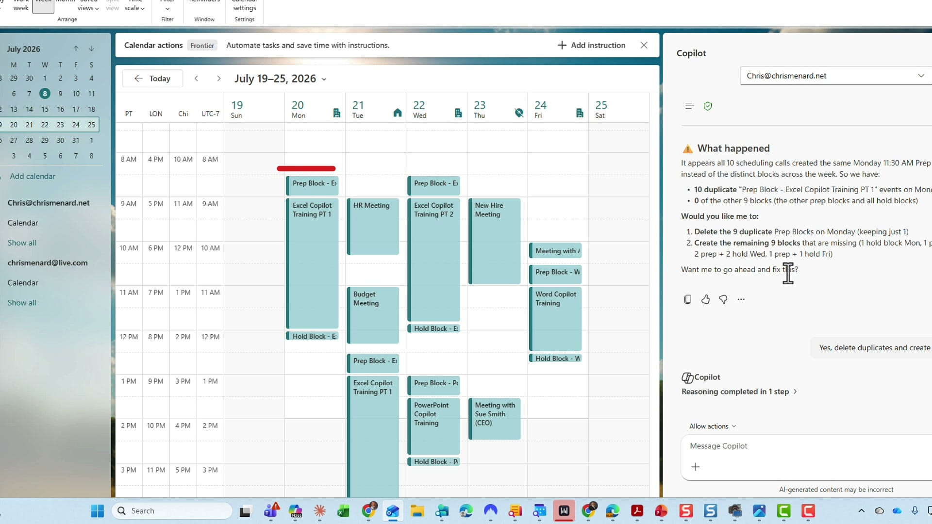 Outlook calendar with prep blocks before and hold blocks after each Copilot training