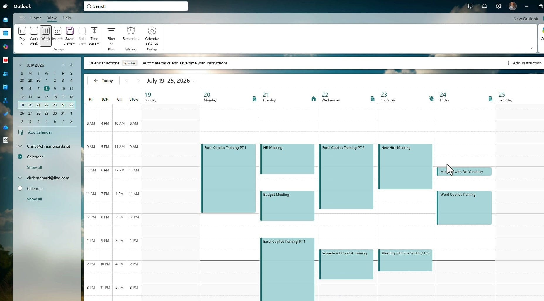 Outlook calendar week view showing HR, budget, and five Copilot training events