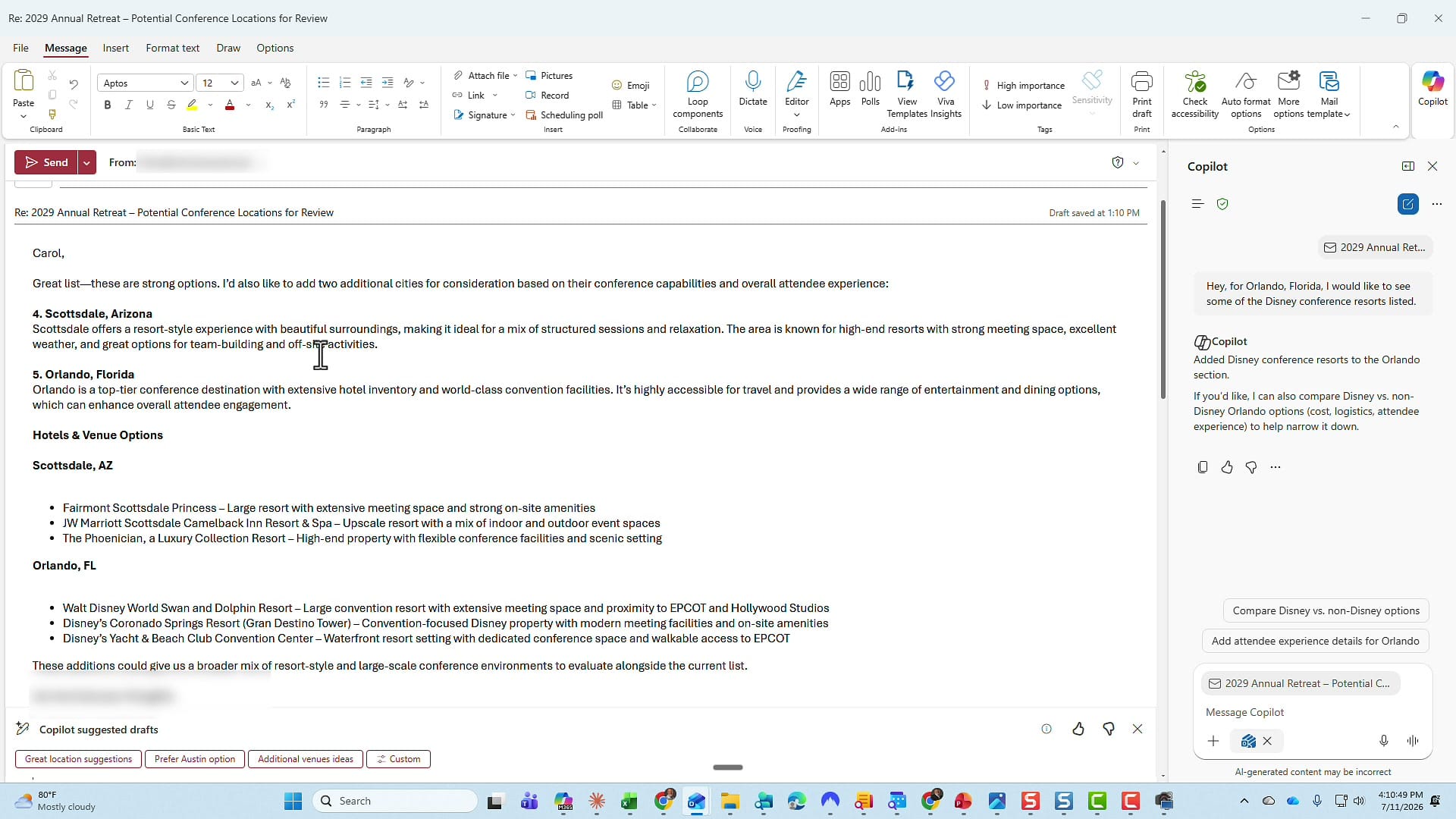 Copilot adding specific Disney conference resorts to the Orlando section of the email
