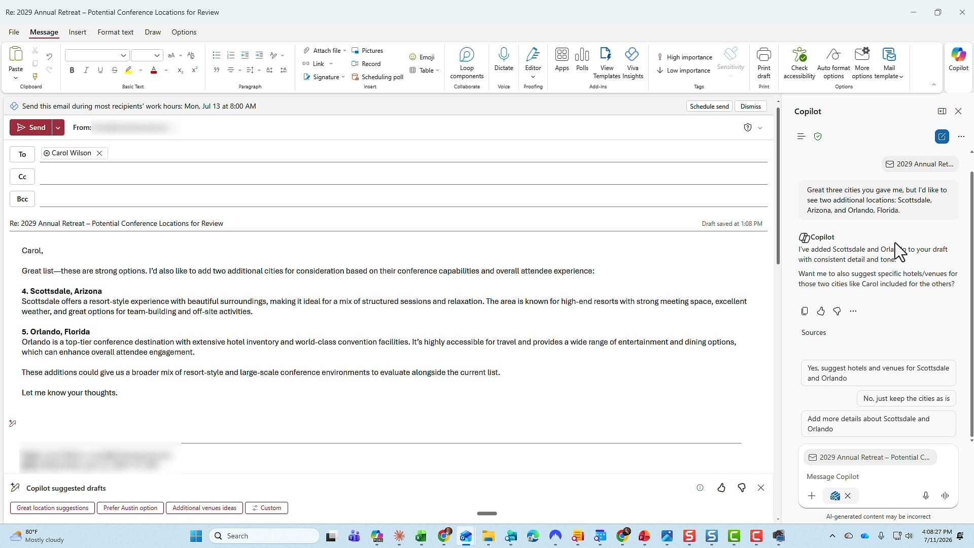 Copilot task pane request adding two cities, with the email body updated to include Scottsdale and Orlando