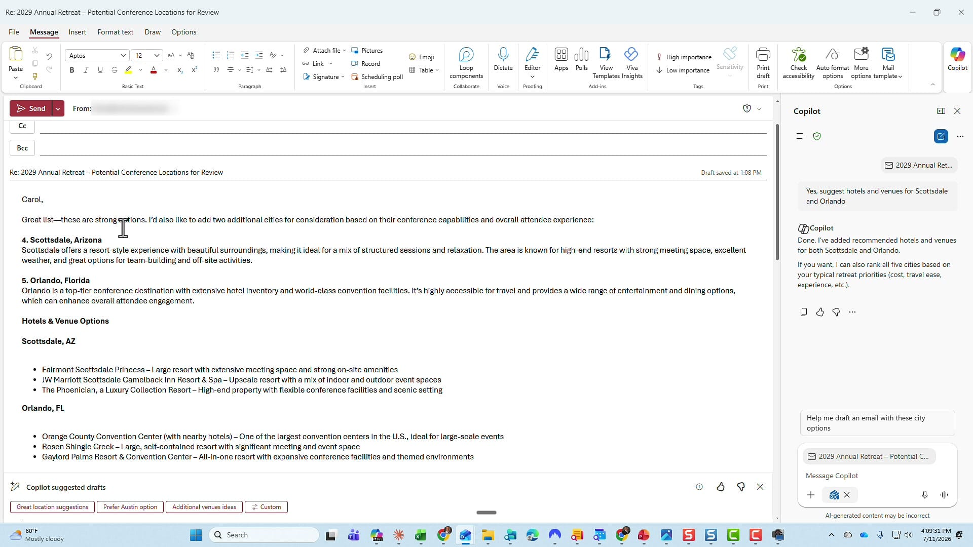 Email body showing Copilot-generated hotel and venue lists for Scottsdale and Orlando