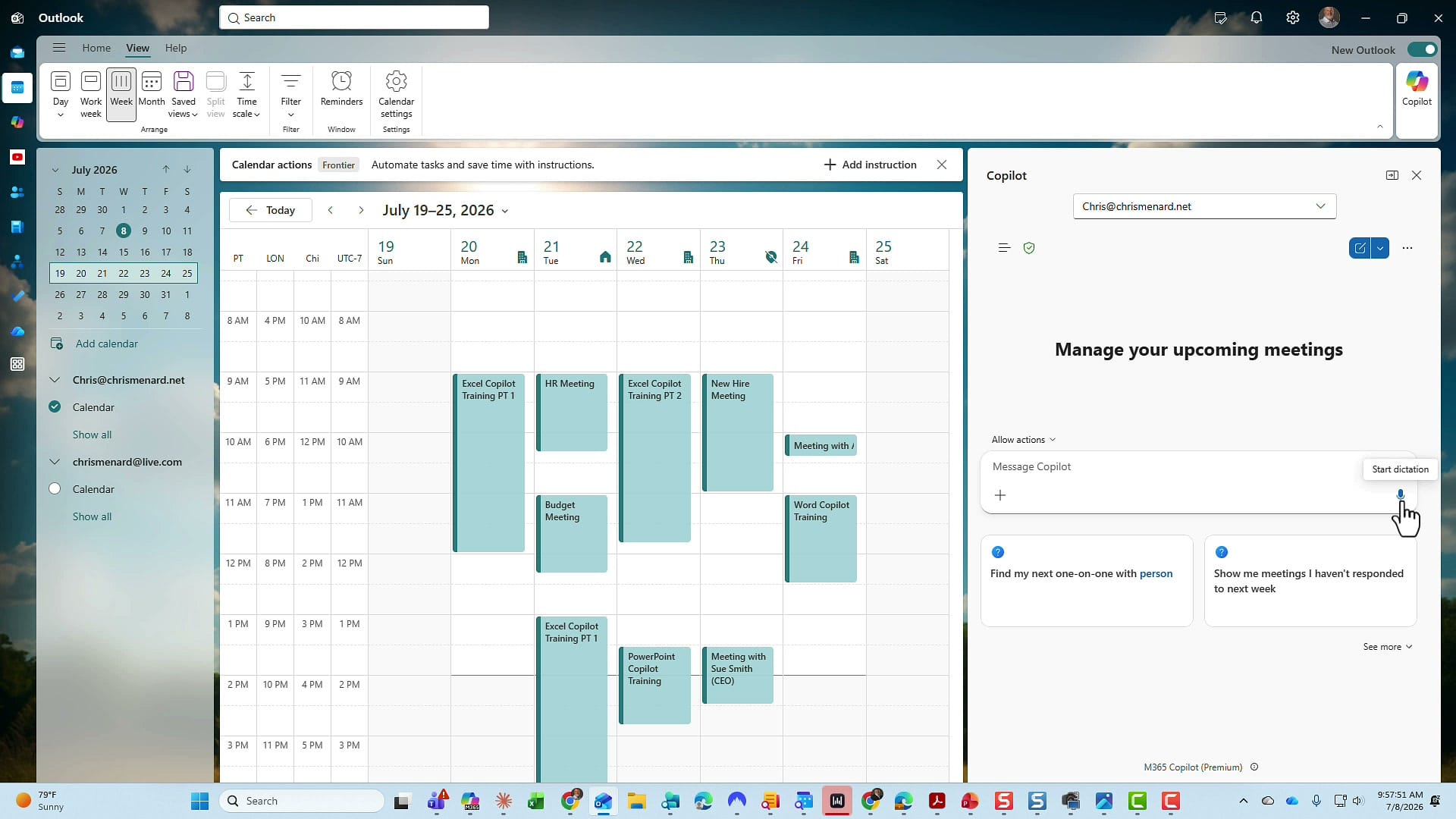 Copilot pane open in Outlook with the microphone highlighted for dictation