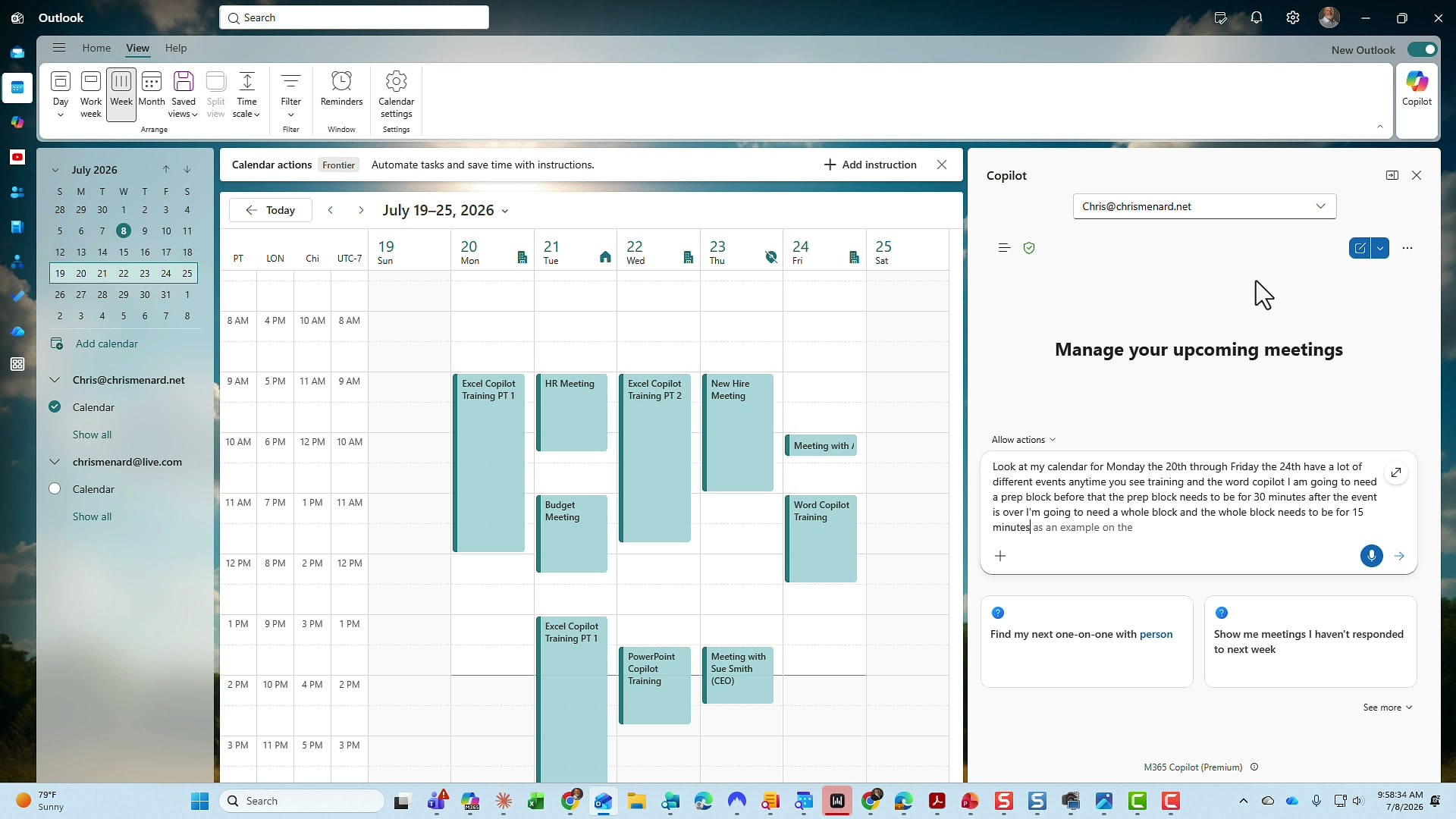 The detailed prep and hold block prompt typed into the Outlook Copilot pane