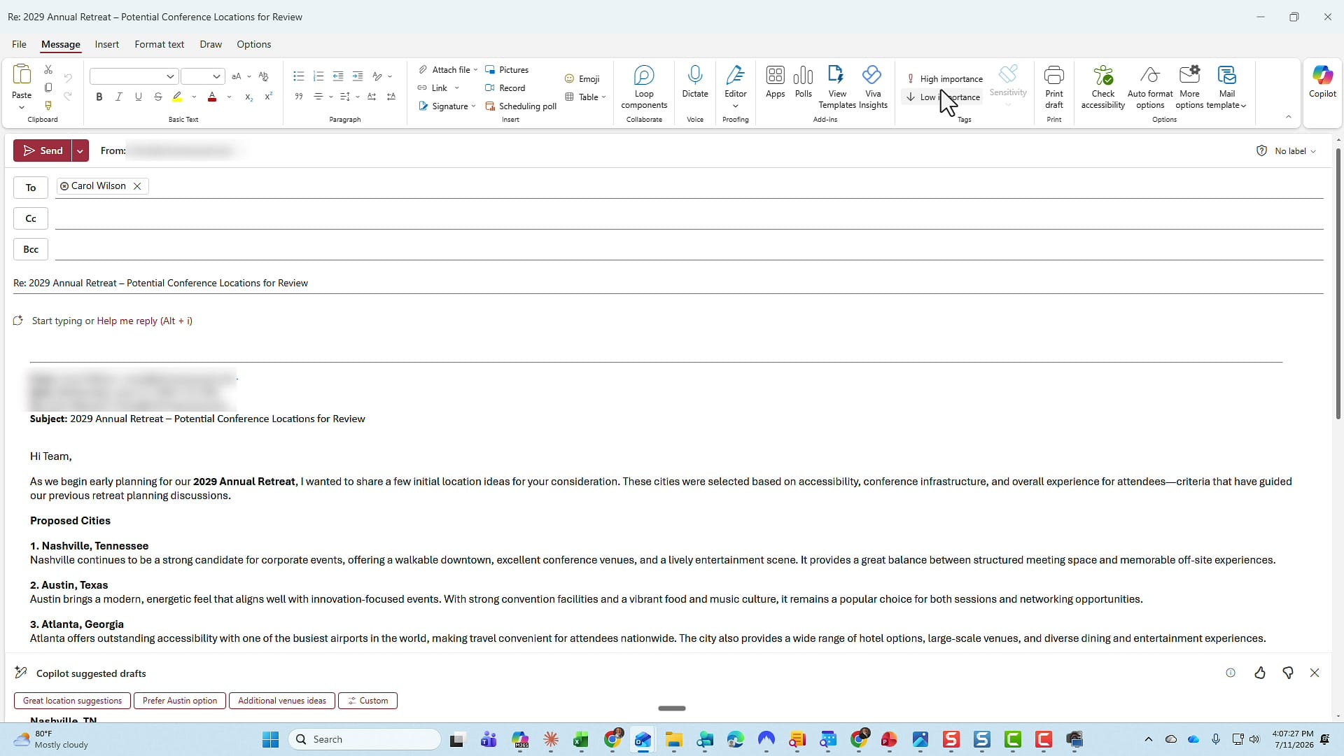 Outlook reply window showing four Copilot suggested draft buttons under the message