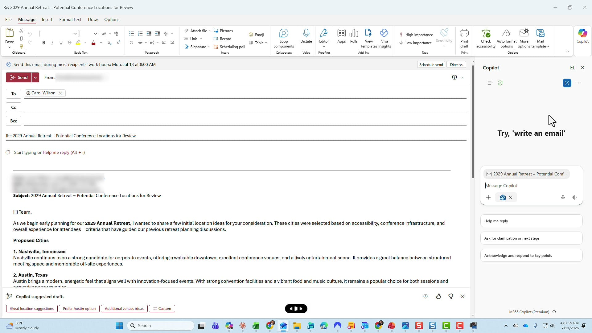 Outlook reply with the Copilot task pane open on the right side of the screen