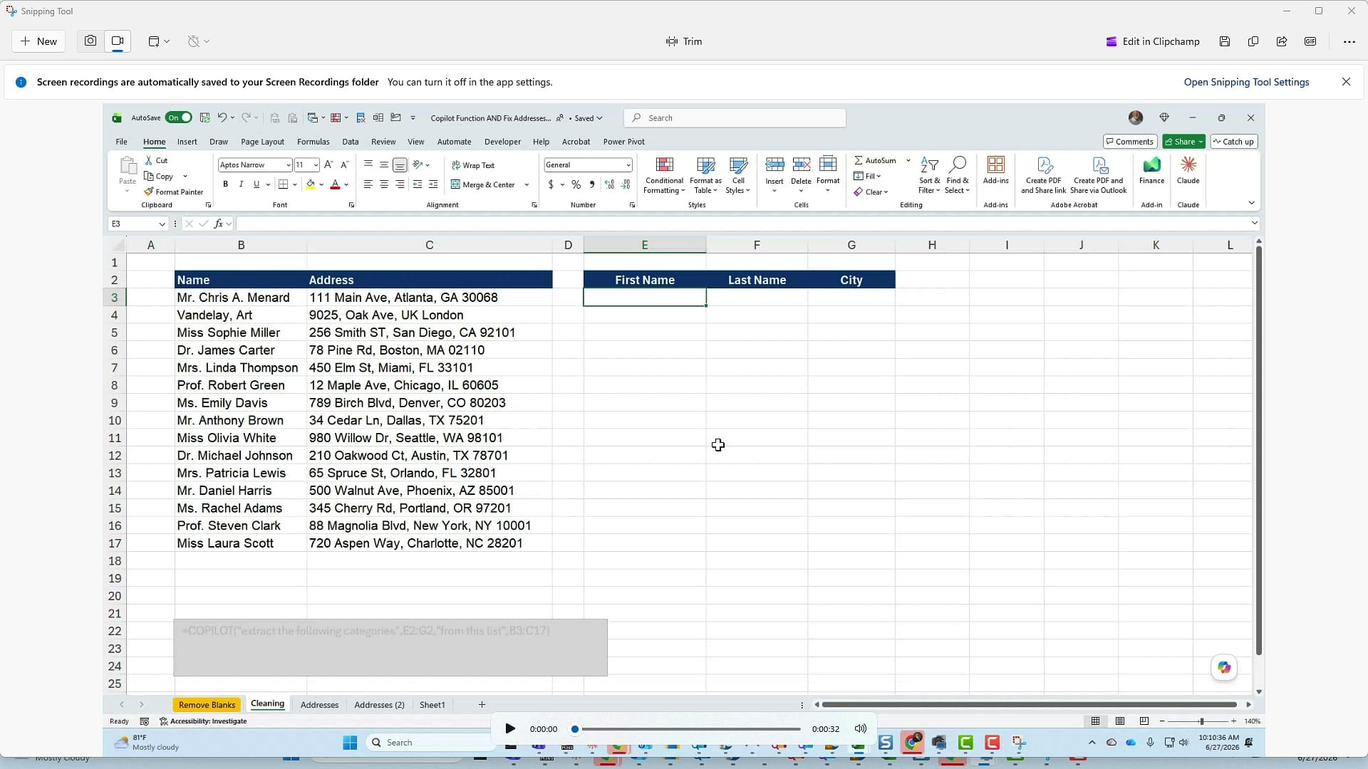 Snipping Tool playing back a saved screen recording with the auto-save note visible