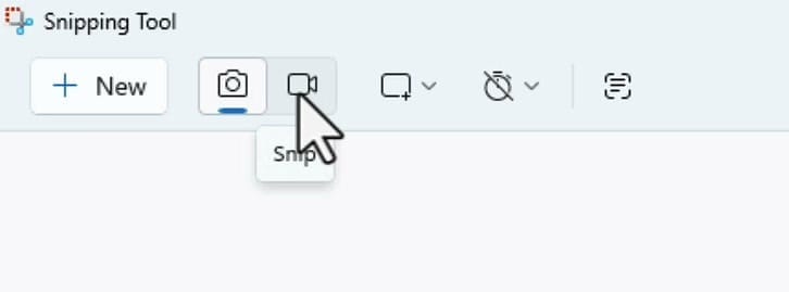 Snipping Tool toolbar with the video camera button selected to record a screen capture